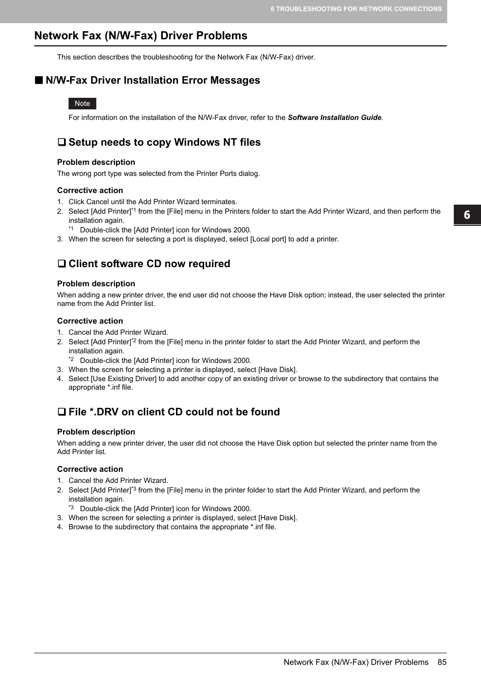 Network fax (n/w-fax) driver problems, N/w-fax driver installation error messages, Setup needs to copy windows nt files | Client software cd now required, File *.drv on client cd could not be found | Toshiba e-studio 5520C User Manual | Page 87 / 114