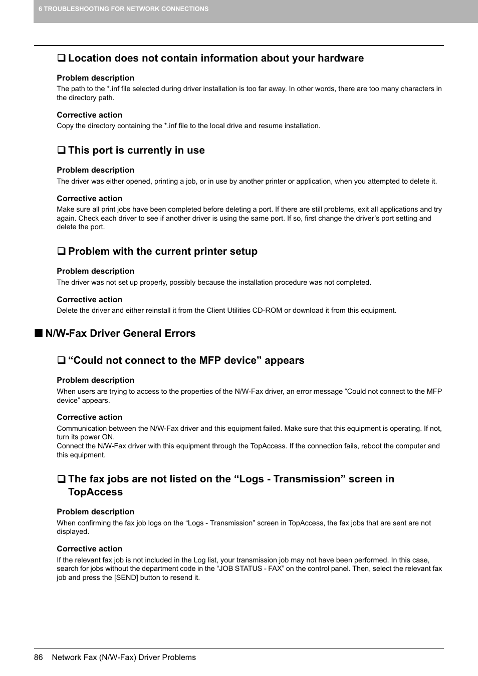 This port is currently in use, Problem with the current printer setup, N/w-fax driver general errors | Could not connect to the mfp device” appears | Toshiba e-studio 5520C User Manual | Page 88 / 114