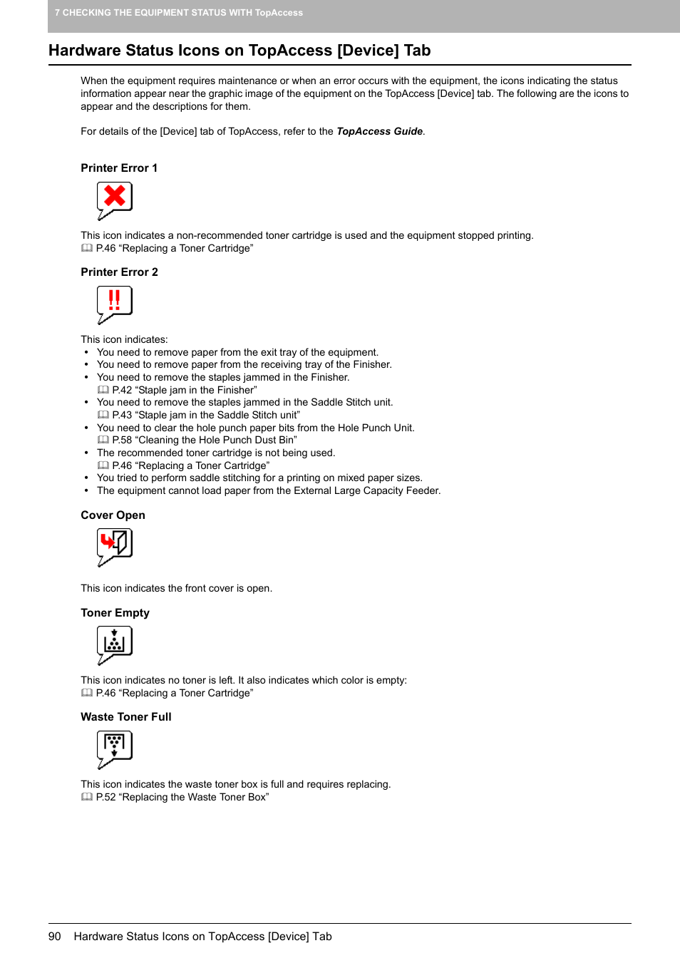 Hardware status icons on topaccess [device] tab | Toshiba e-studio 5520C User Manual | Page 92 / 114