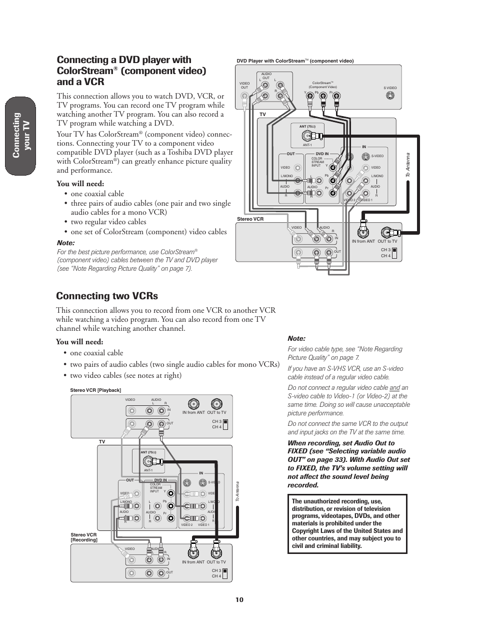 Connecting a dvd player with colorstream, Component video) and a vcr, Connecting two vcrs | Connecting y our t v | Toshiba Color Television 27AF42 User Manual | Page 10 / 40