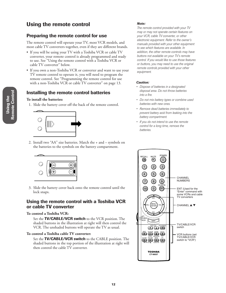 Using the remote control, Preparing the remote control for use, Installing the remote control batteries | Using the remote contr ol | Toshiba Color Television 27AF42 User Manual | Page 12 / 40