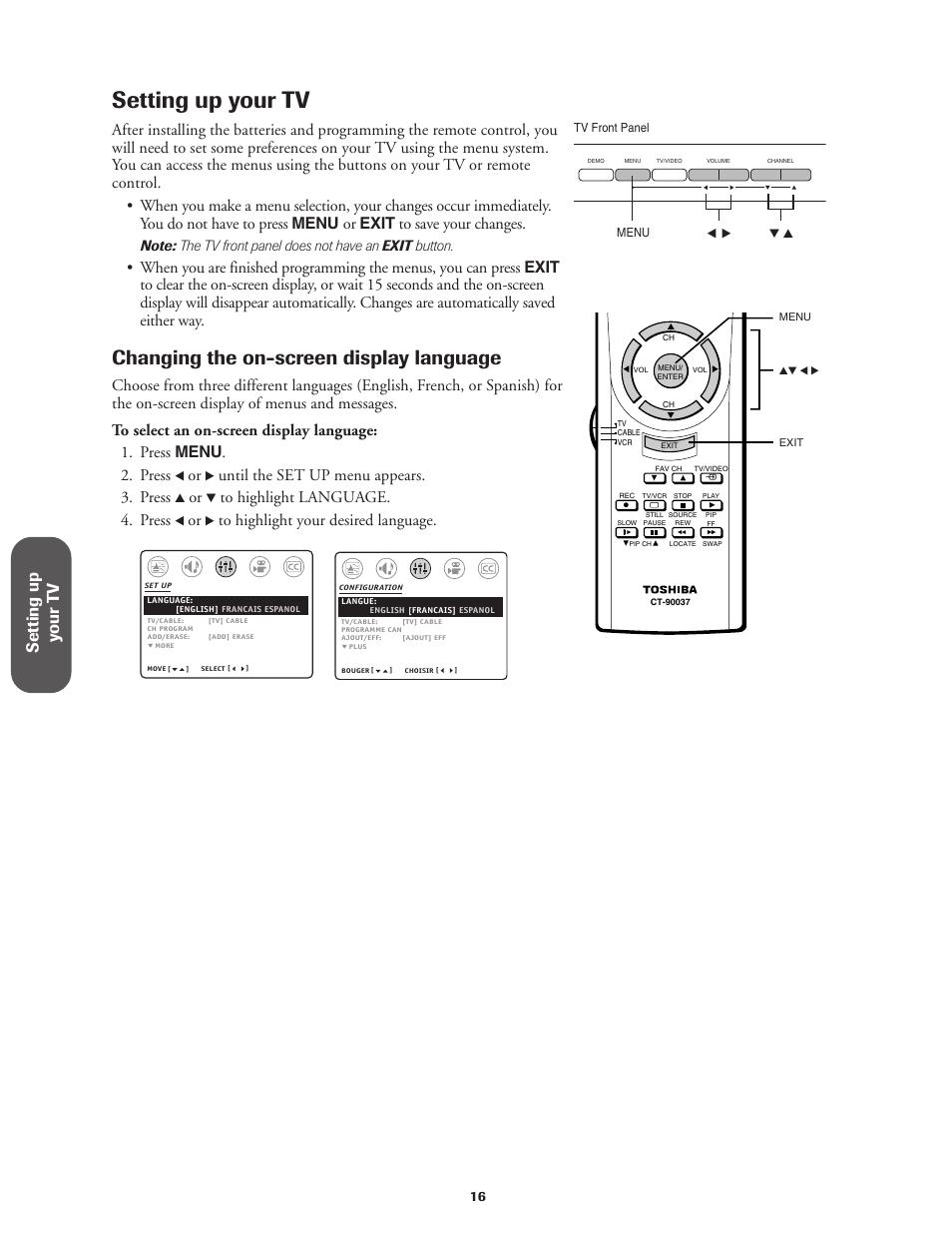 Setting up your tv, Changing the on-screen display language, Setting up y our t v | Until the set up menu appears. 3. press | Toshiba Color Television 27AF42 User Manual | Page 16 / 40