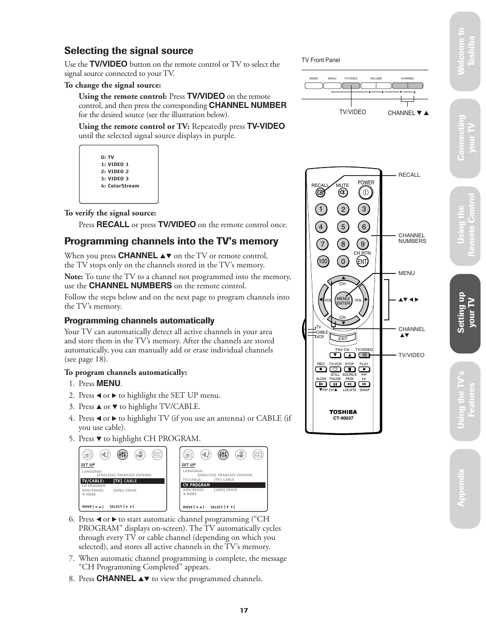 Selecting the signal source, Programming channels automatically, When you press channel | Press | Toshiba Color Television 27AF42 User Manual | Page 17 / 40