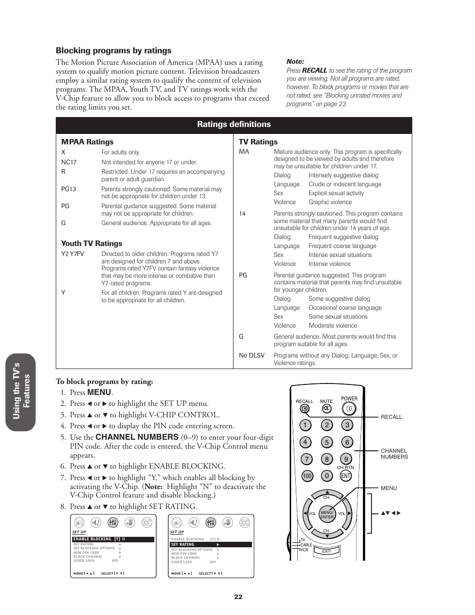 Using the t v’s f eatur es, Blocking programs by ratings, Ratings definitions | Toshiba Color Television 27AF42 User Manual | Page 22 / 40