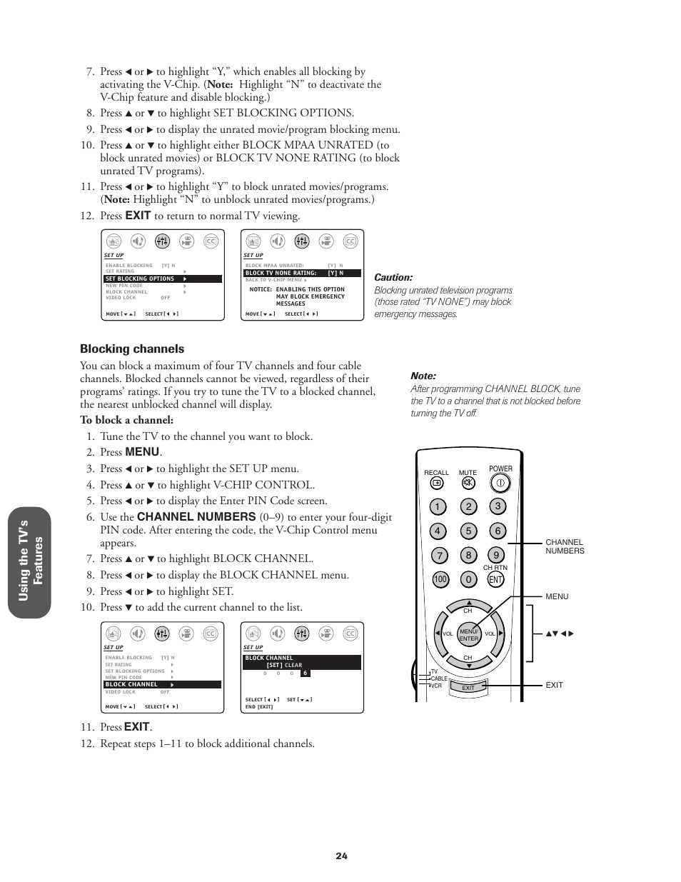 Using the t v’s f eatur es, Blocking channels, Press | Toshiba Color Television 27AF42 User Manual | Page 24 / 40