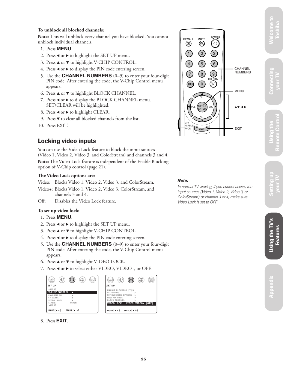 Locking video inputs | Toshiba Color Television 27AF42 User Manual | Page 25 / 40