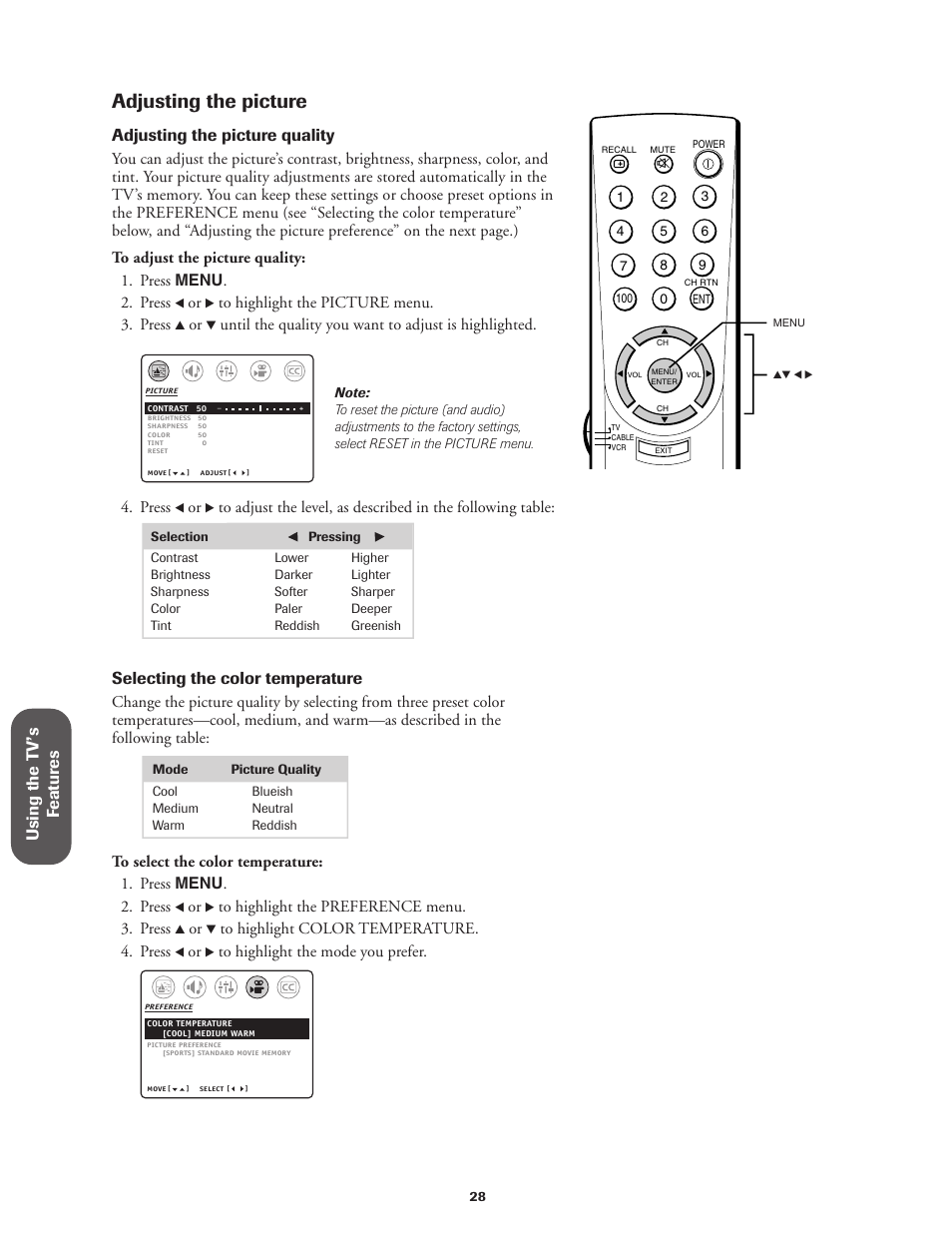 Adjusting the picture, Using the t v’s f eatur es, Adjusting the picture quality | Selecting the color temperature, Press | Toshiba Color Television 27AF42 User Manual | Page 28 / 40
