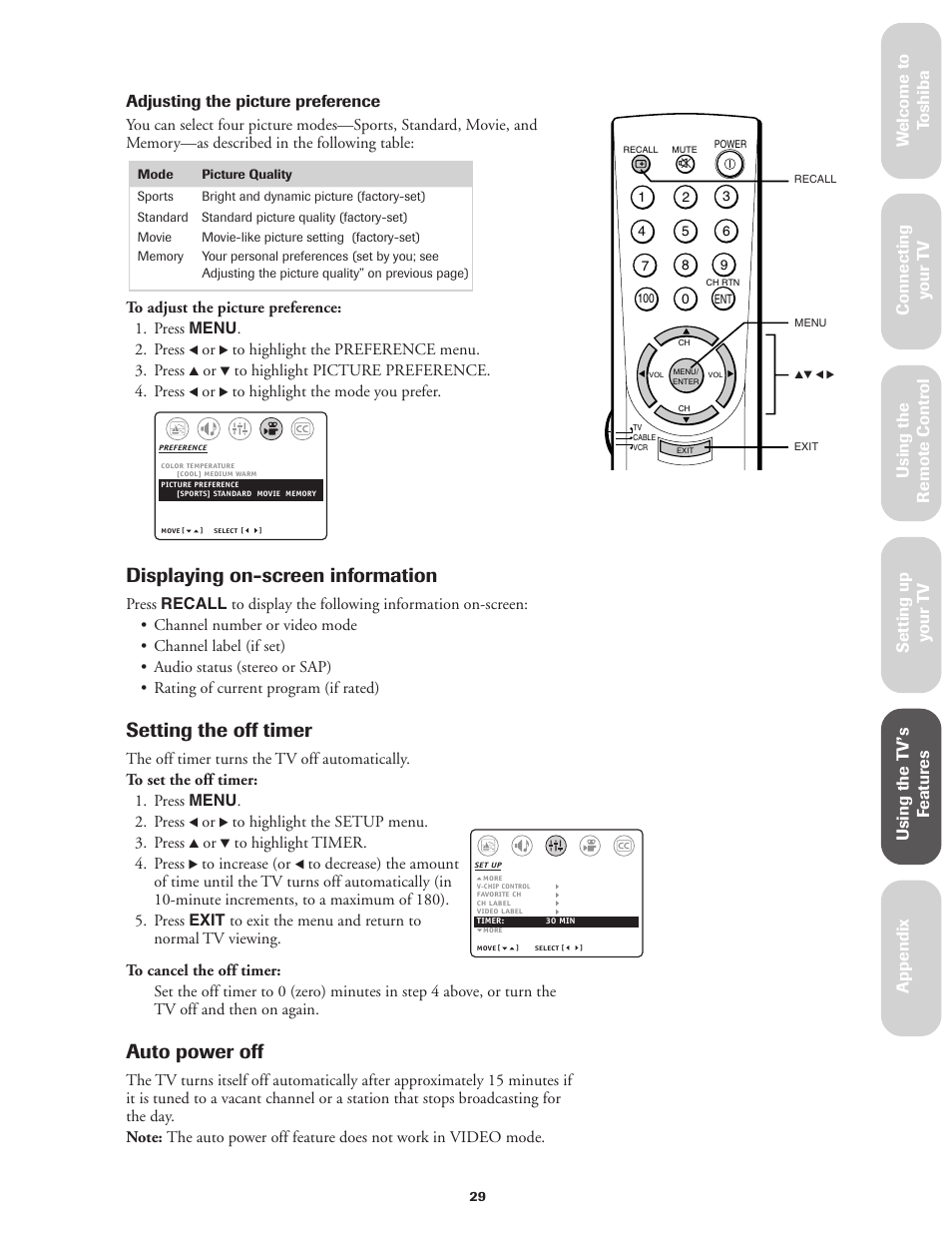 Displaying on-screen information, Setting the off timer, Auto power off | Toshiba Color Television 27AF42 User Manual | Page 29 / 40