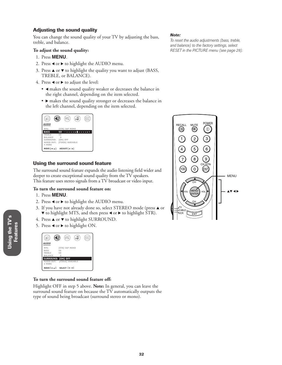 Using the surround sound feature | Toshiba Color Television 27AF42 User Manual | Page 32 / 40