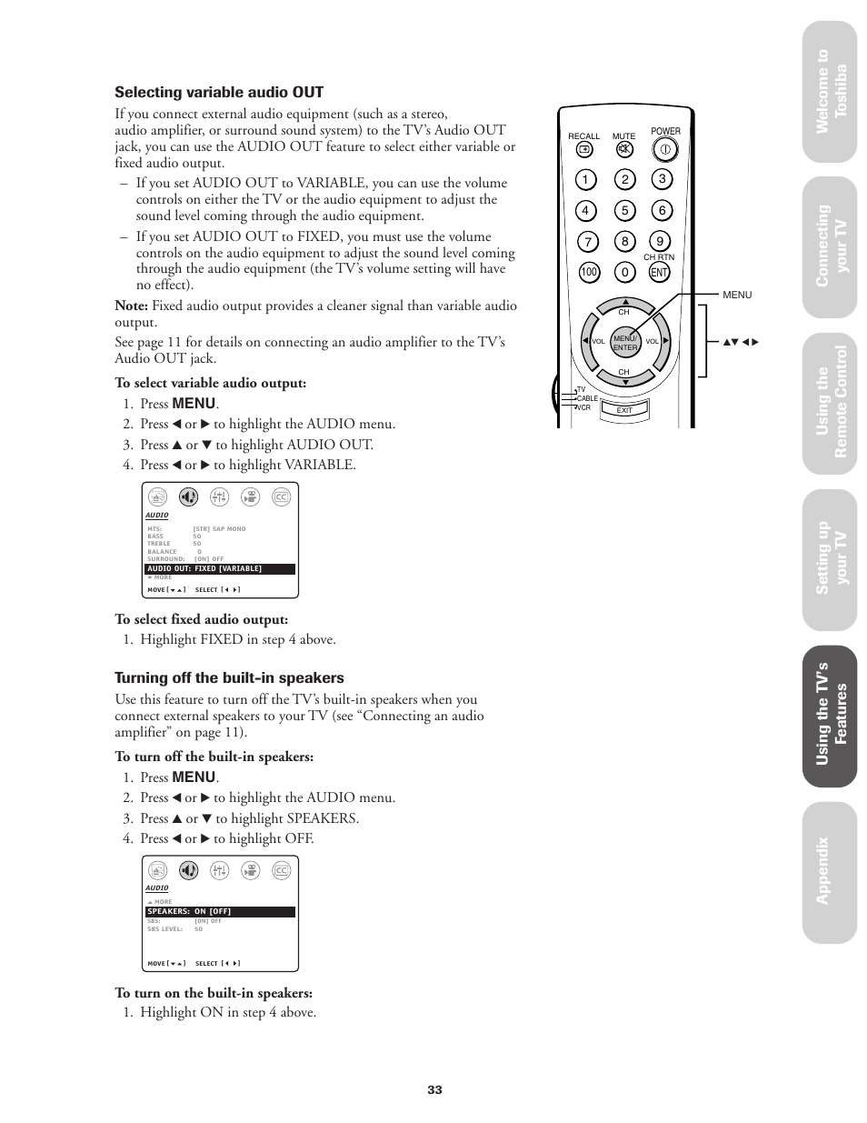 Turning off the built-in speakers | Toshiba Color Television 27AF42 User Manual | Page 33 / 40