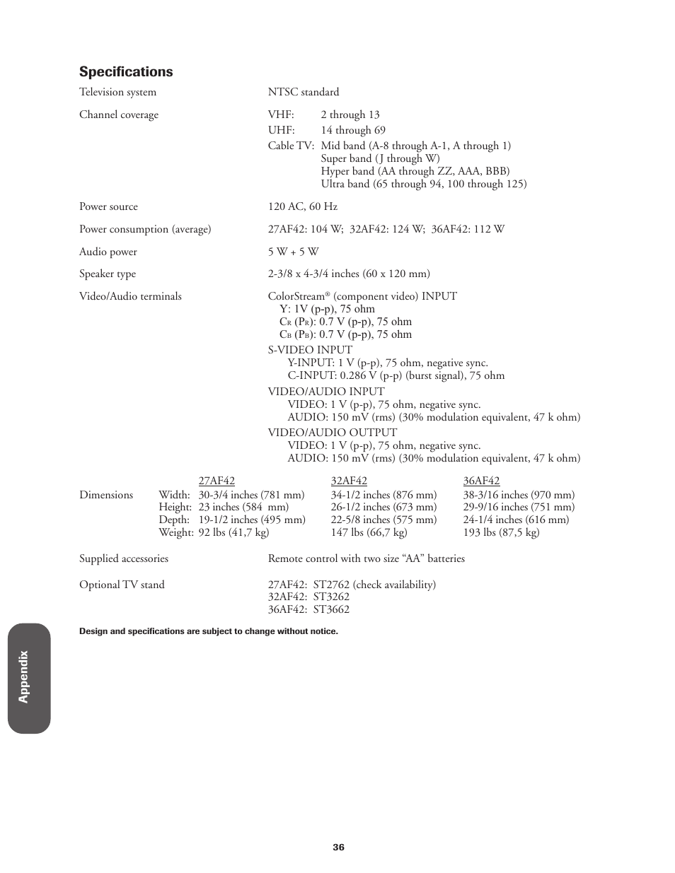 Specifications | Toshiba Color Television 27AF42 User Manual | Page 36 / 40