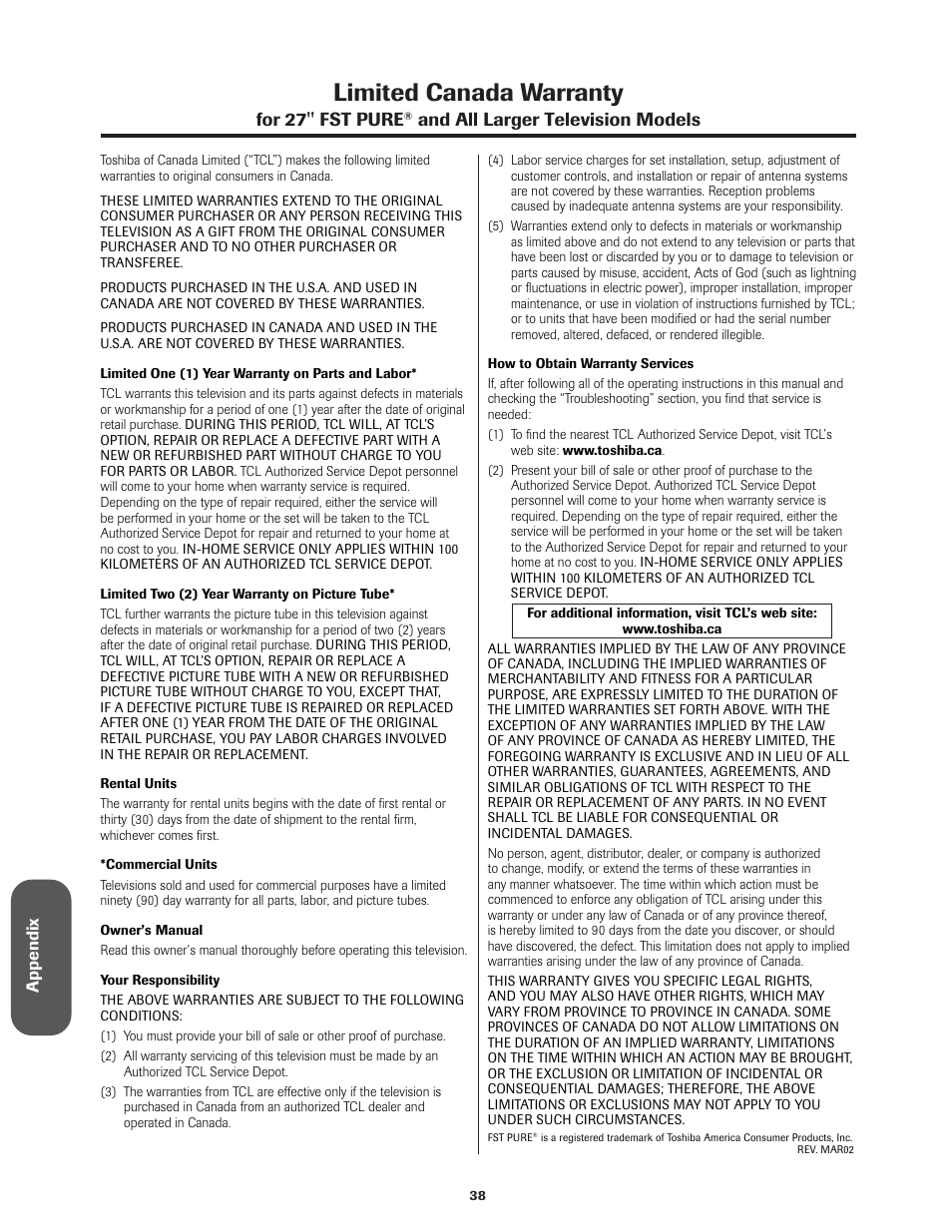 Limited canada warranty, For 27'' fst pure, And all larger television models | Toshiba Color Television 27AF42 User Manual | Page 38 / 40