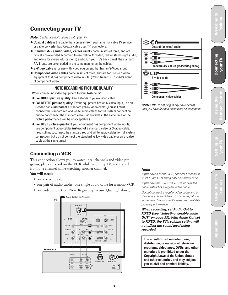 Connecting your tv, Connecting a vcr | Toshiba Color Television 27AF42 User Manual | Page 7 / 40