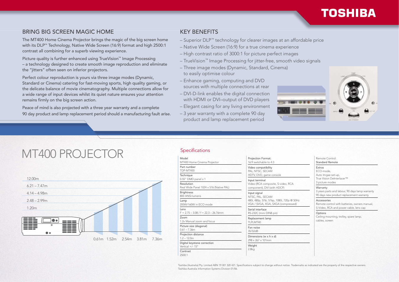 Mt400 projector, Bring big screen magic home, Key benefits | Toshiba MT400 User Manual | Page 2 / 2