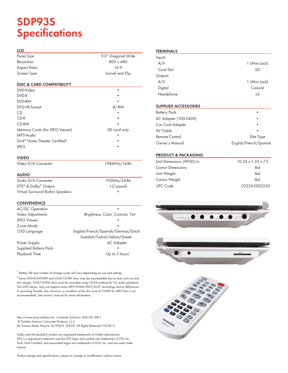 Sdp93s speciﬁ cations | Toshiba SDP93S User Manual | Page 2 / 2