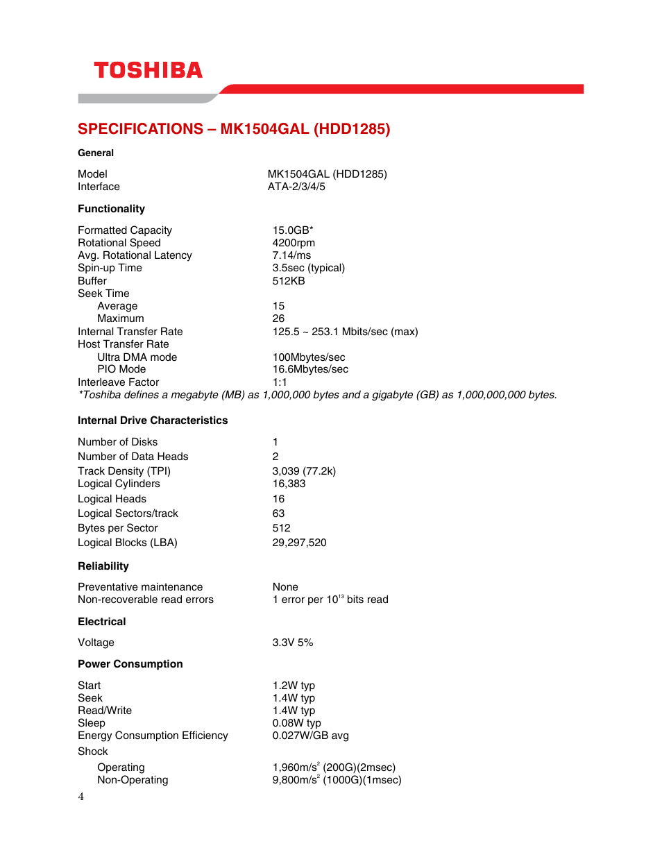 Specifications – mk1504gal (hdd1285) | Toshiba MK1504GAL User Manual | Page 6 / 9