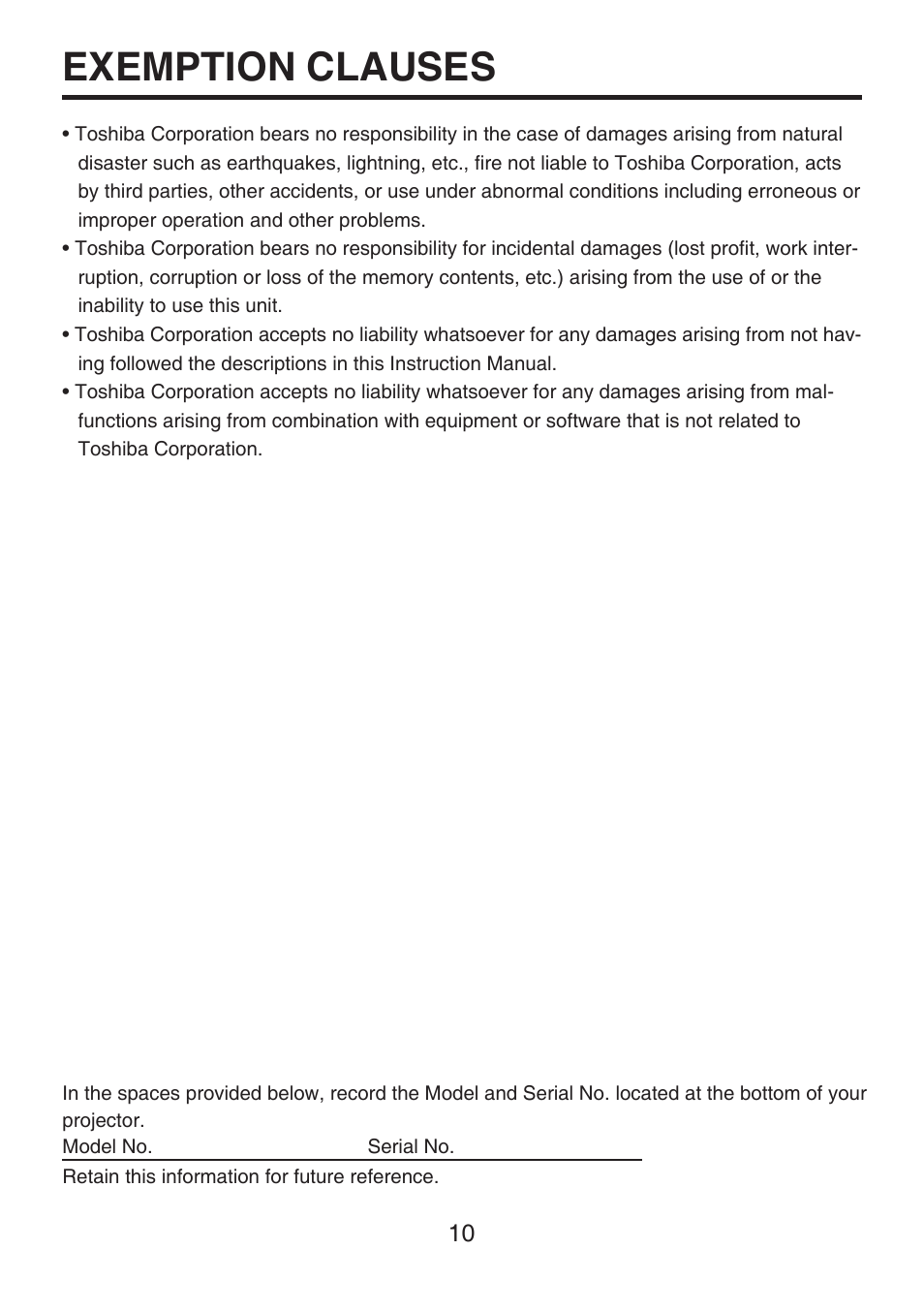 Exemption clauses | Toshiba TDP-FF1A User Manual | Page 10 / 48
