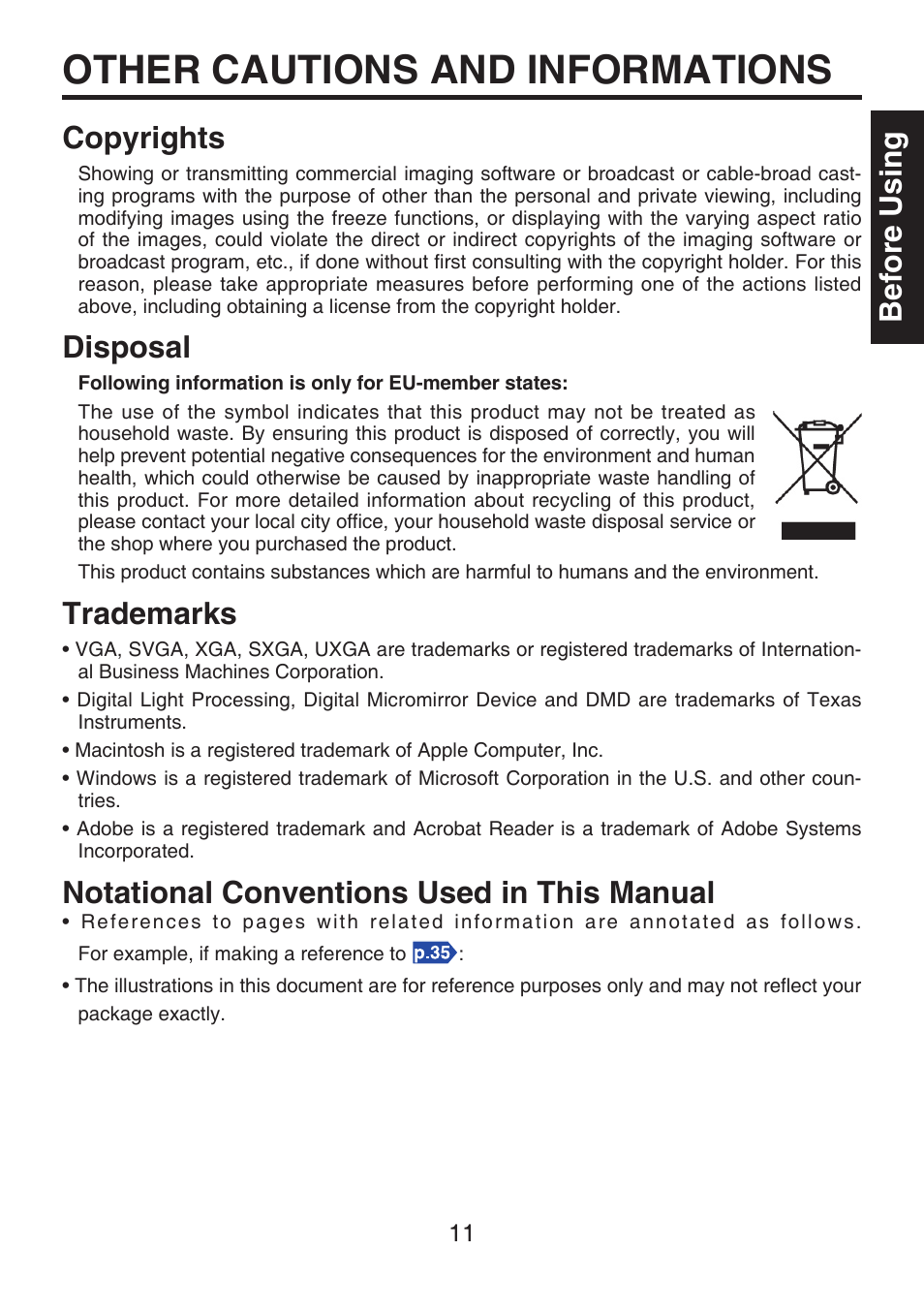 Other cautions and informations, Before using, Copyrights | Disposal, Trademarks, Notational conventions used in this manual | Toshiba TDP-FF1A User Manual | Page 11 / 48