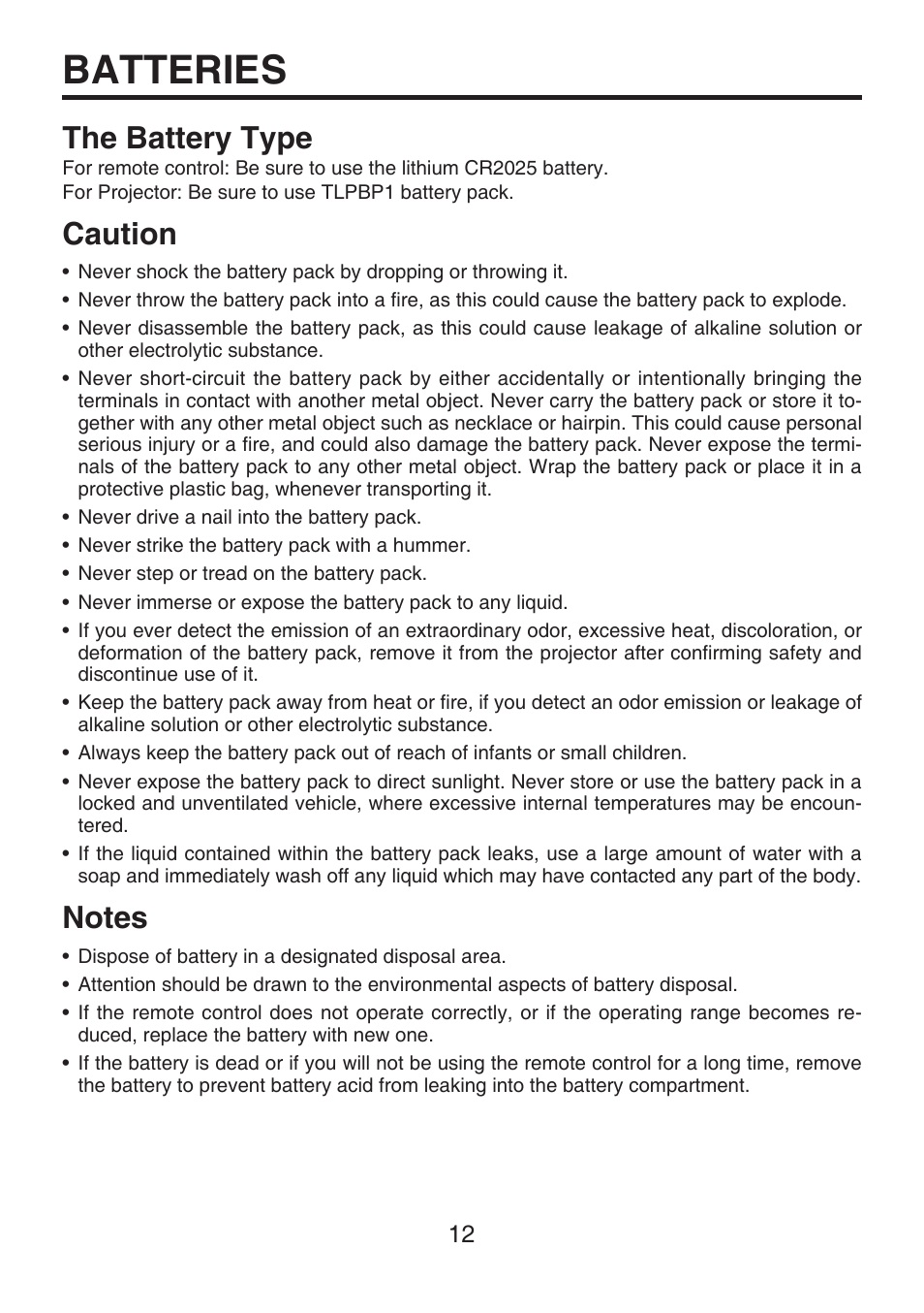 Batteries, The battery type, Caution | Toshiba TDP-FF1A User Manual | Page 12 / 48