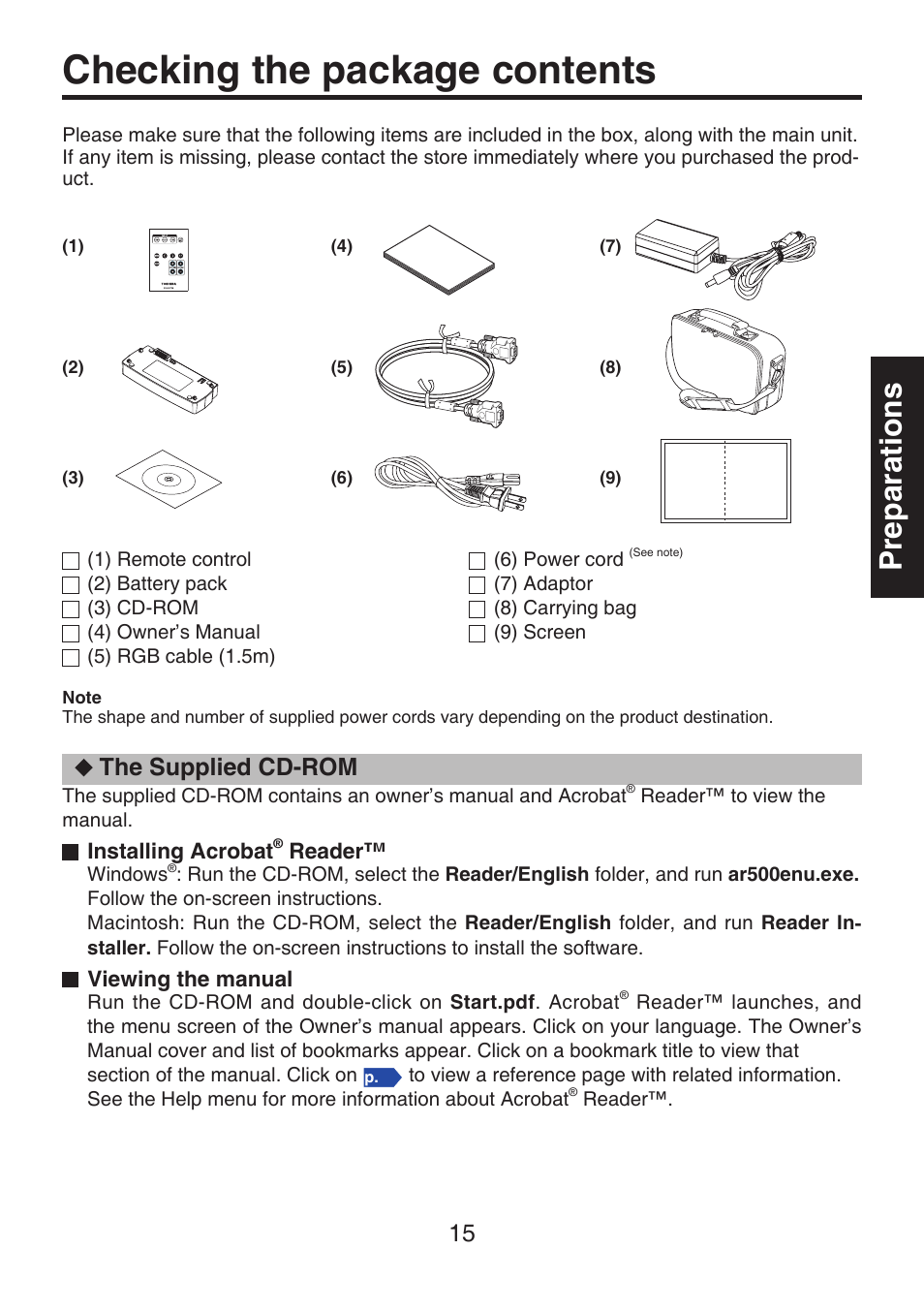 Checking the package contents, Preparations, The supplied cd-rom | Toshiba TDP-FF1A User Manual | Page 15 / 48