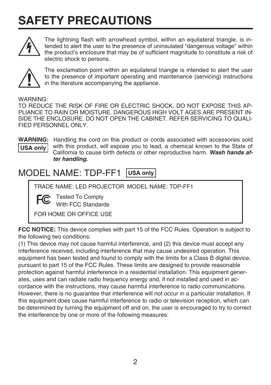 Safety precautions, Model name: tdp-ff1 | Toshiba TDP-FF1A User Manual | Page 2 / 48