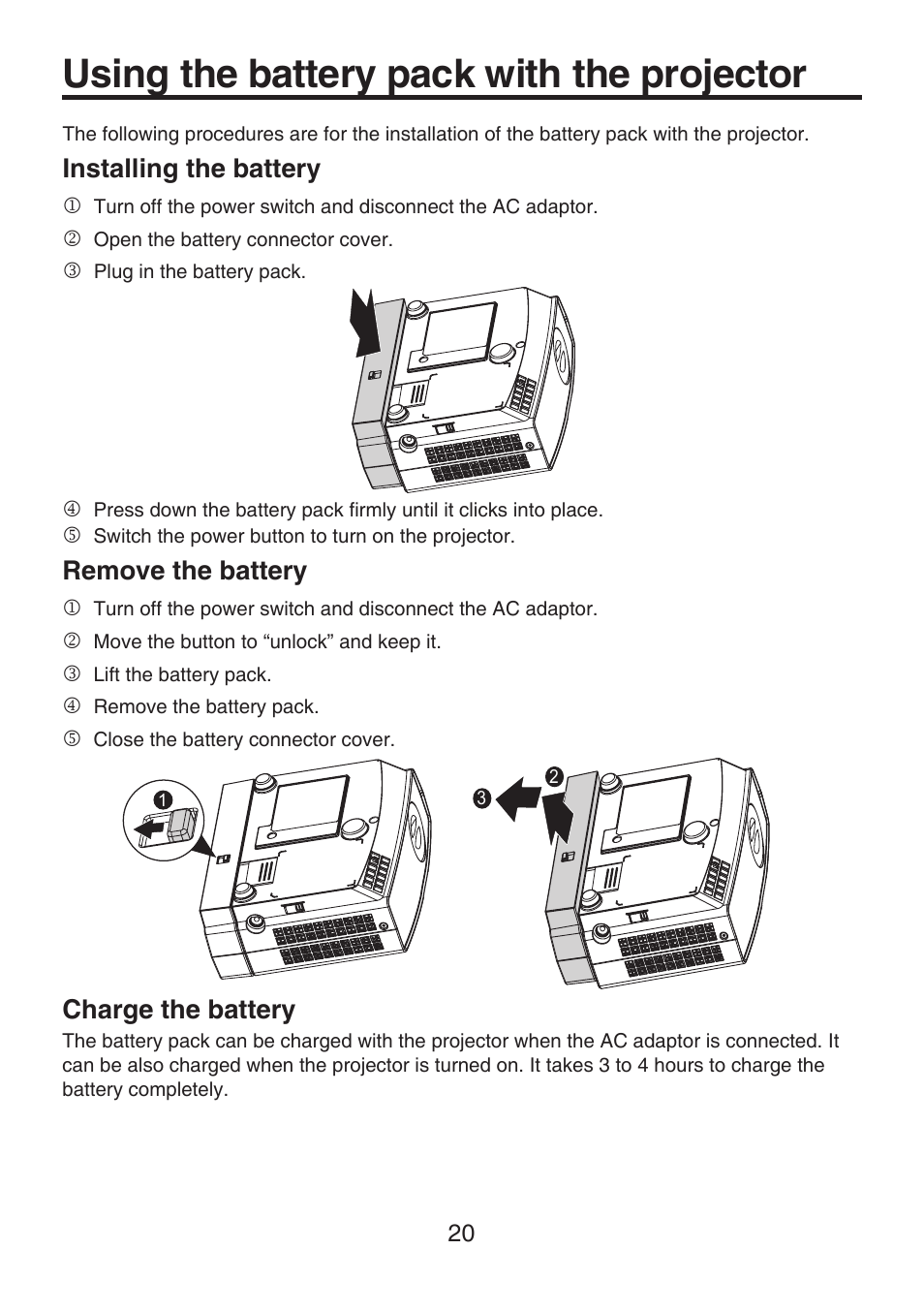 Using the battery pack with the projector, Installing the battery, Remove the battery | Charge the battery | Toshiba TDP-FF1A User Manual | Page 20 / 48