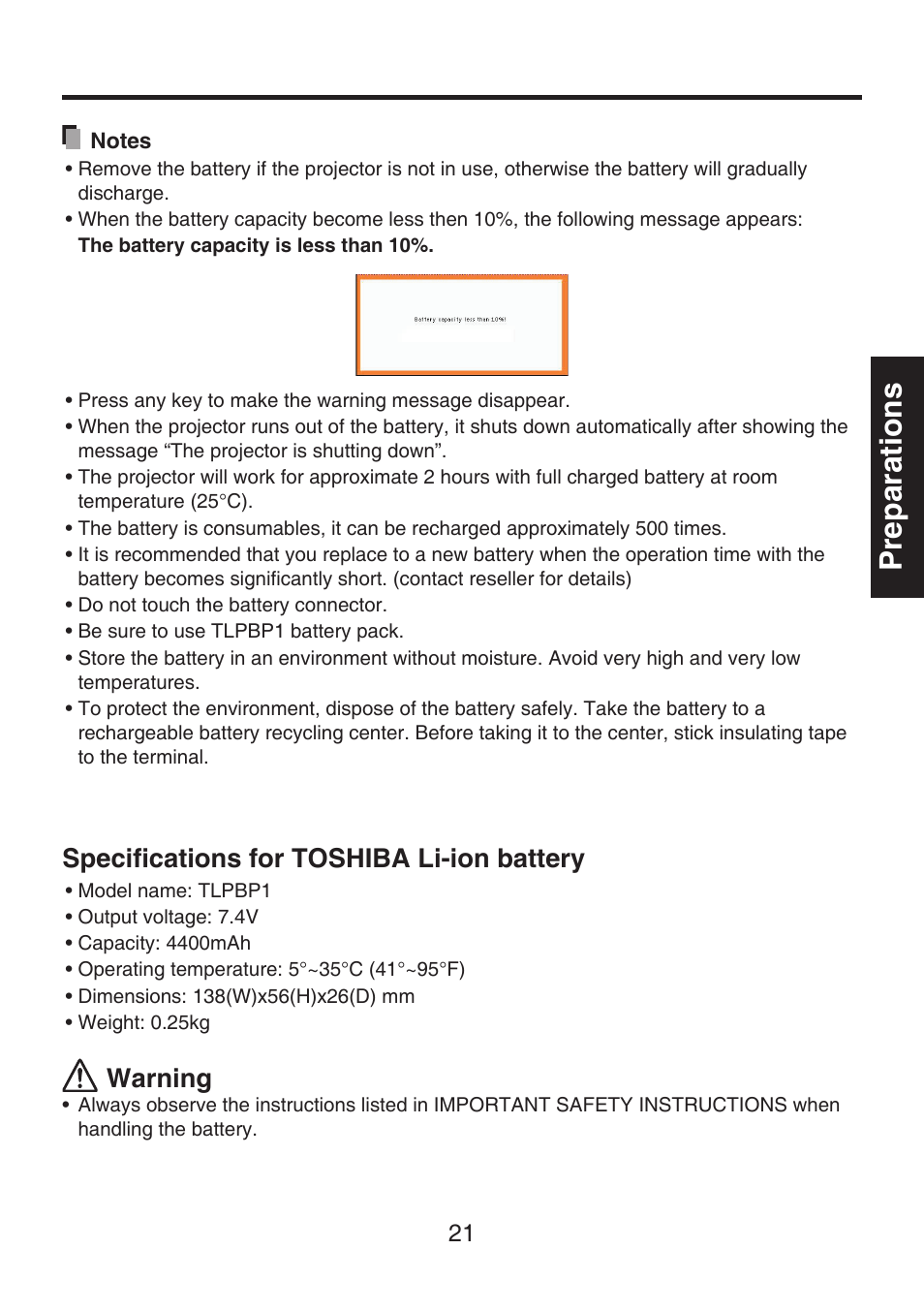 Preparations, Speciﬁcations for toshiba li-ion battery, Warning | Toshiba TDP-FF1A User Manual | Page 21 / 48