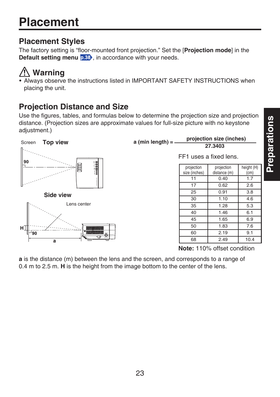 Placement, Preparations, Placement styles | Warning, Projection distance and size | Toshiba TDP-FF1A User Manual | Page 23 / 48