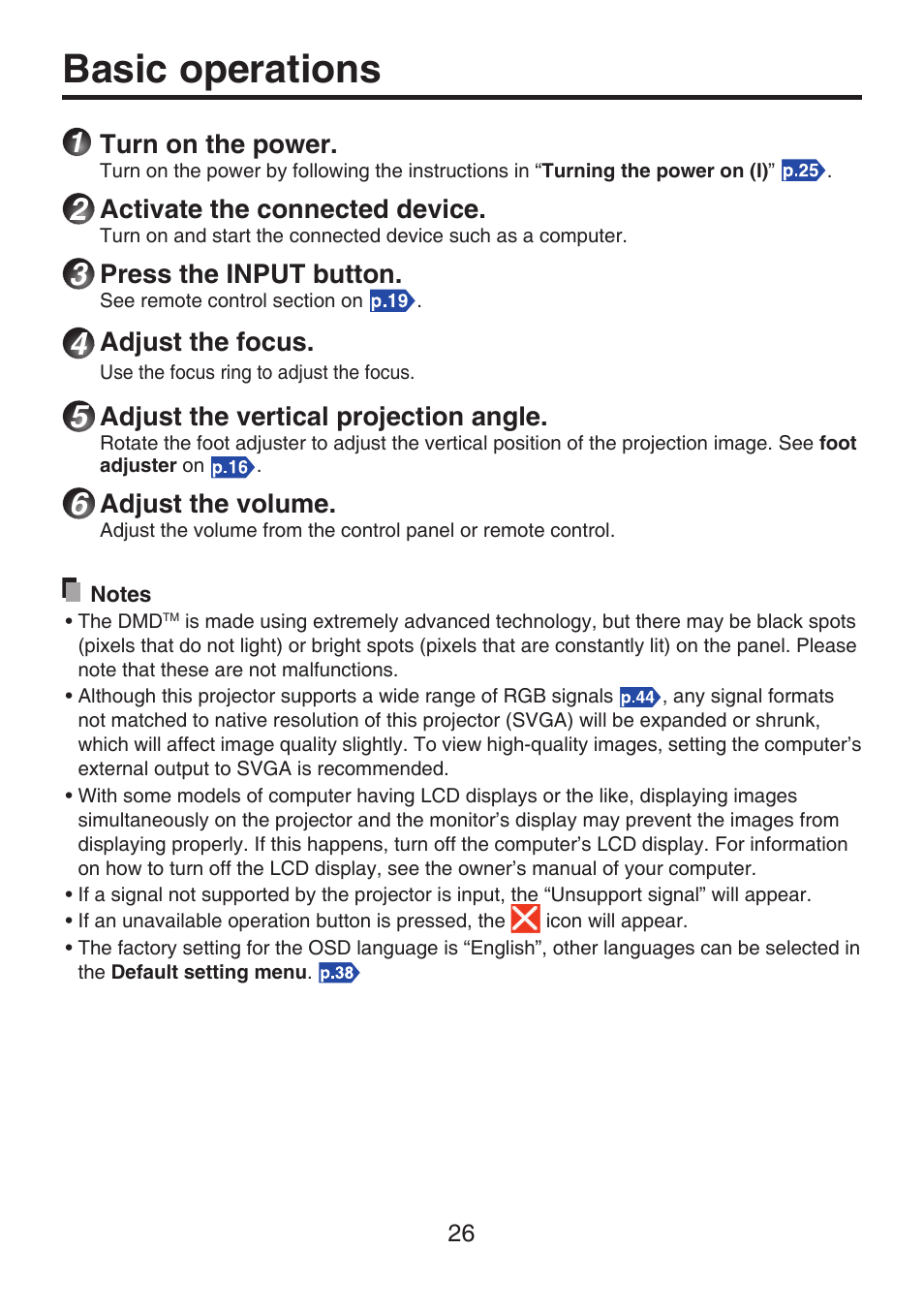Basic operations, Turn on the power, Activate the connected device | Press the input button, Adjust the focus, Adjust the vertical projection angle, Adjust the volume | Toshiba TDP-FF1A User Manual | Page 26 / 48