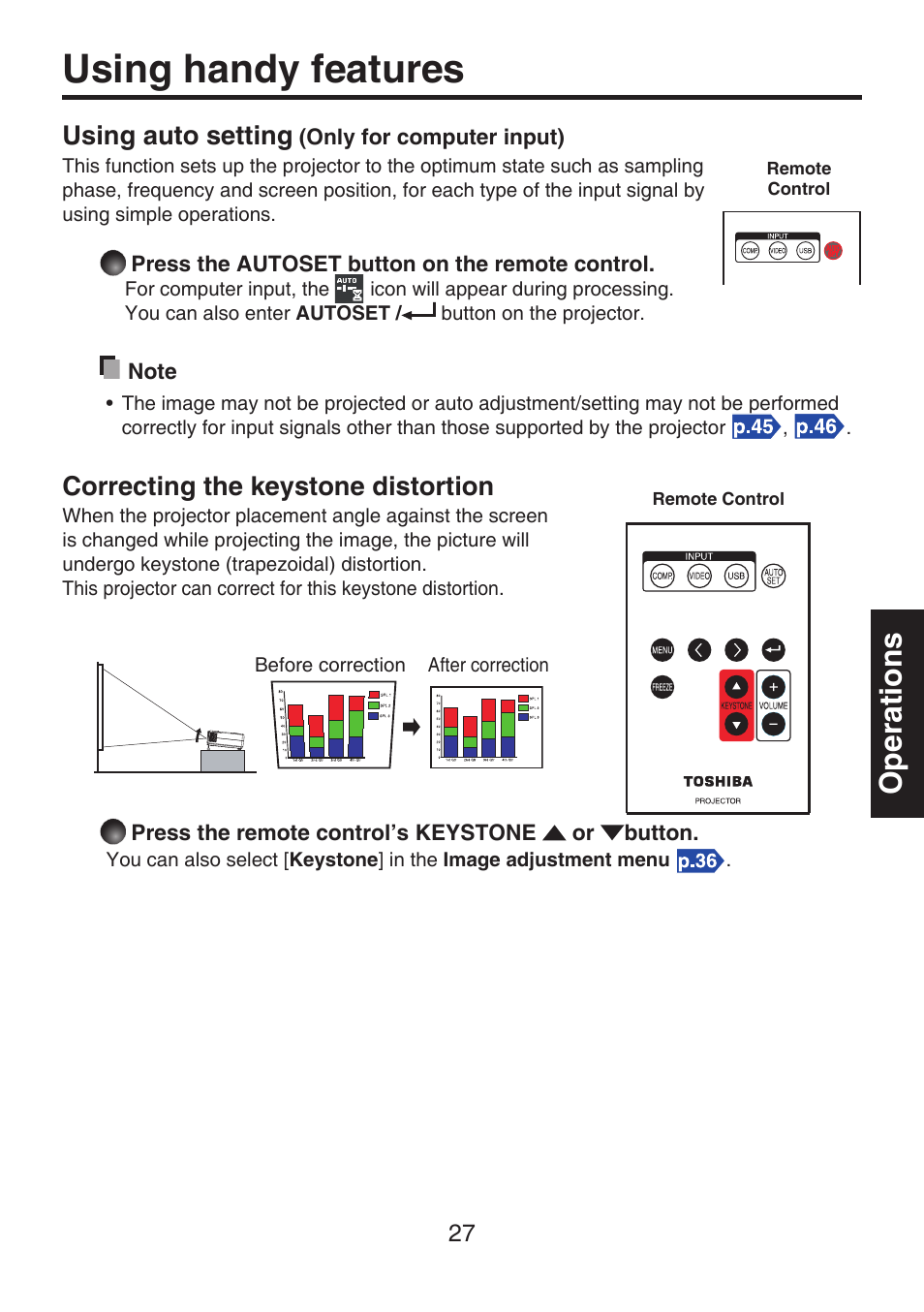 Using handy features, Using auto setting (only for computer input), Correcting the keystone distortion | Operations, Using auto setting | Toshiba TDP-FF1A User Manual | Page 27 / 48