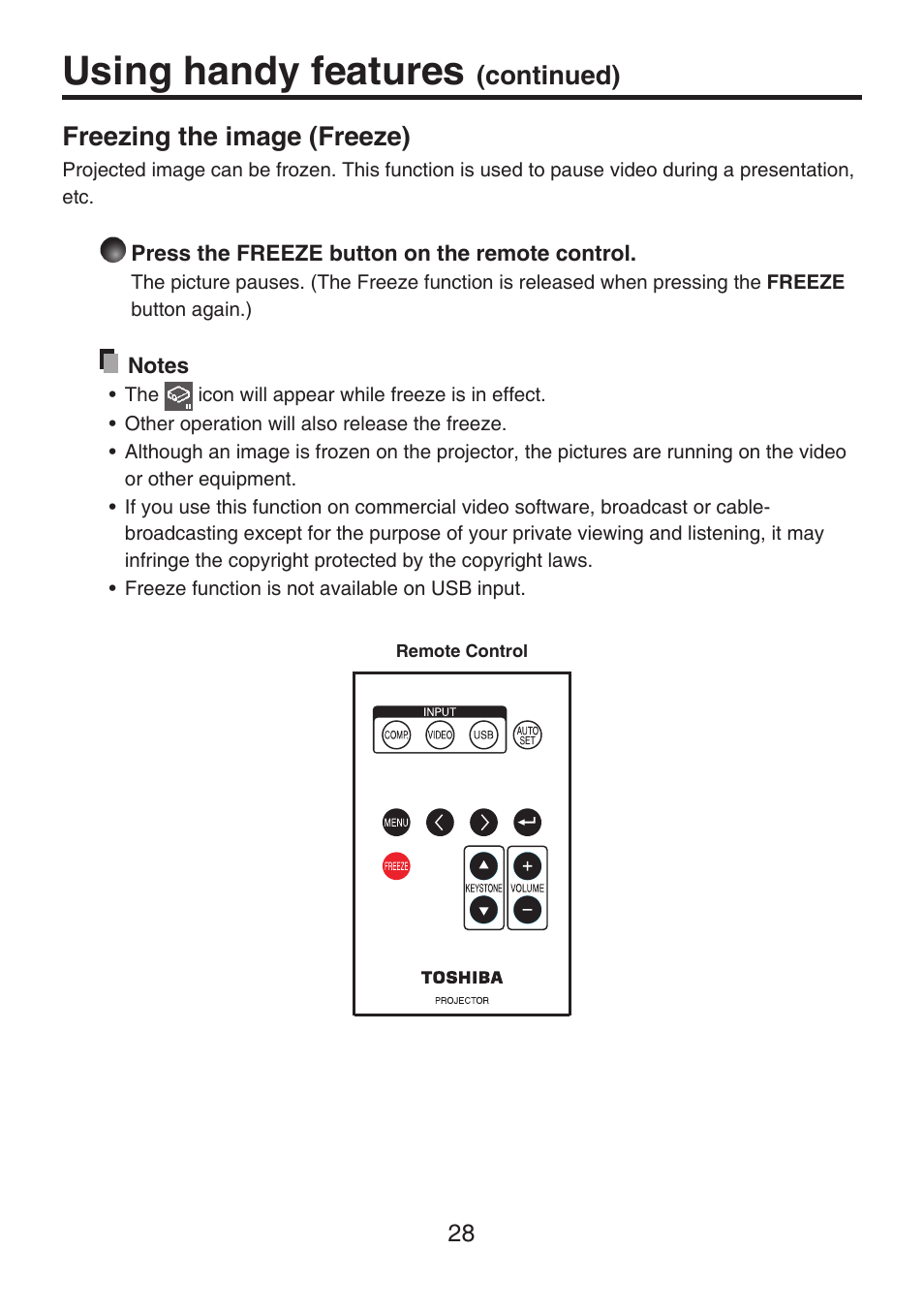 Freezing the image (freeze), Using handy features, Continued) | Toshiba TDP-FF1A User Manual | Page 28 / 48
