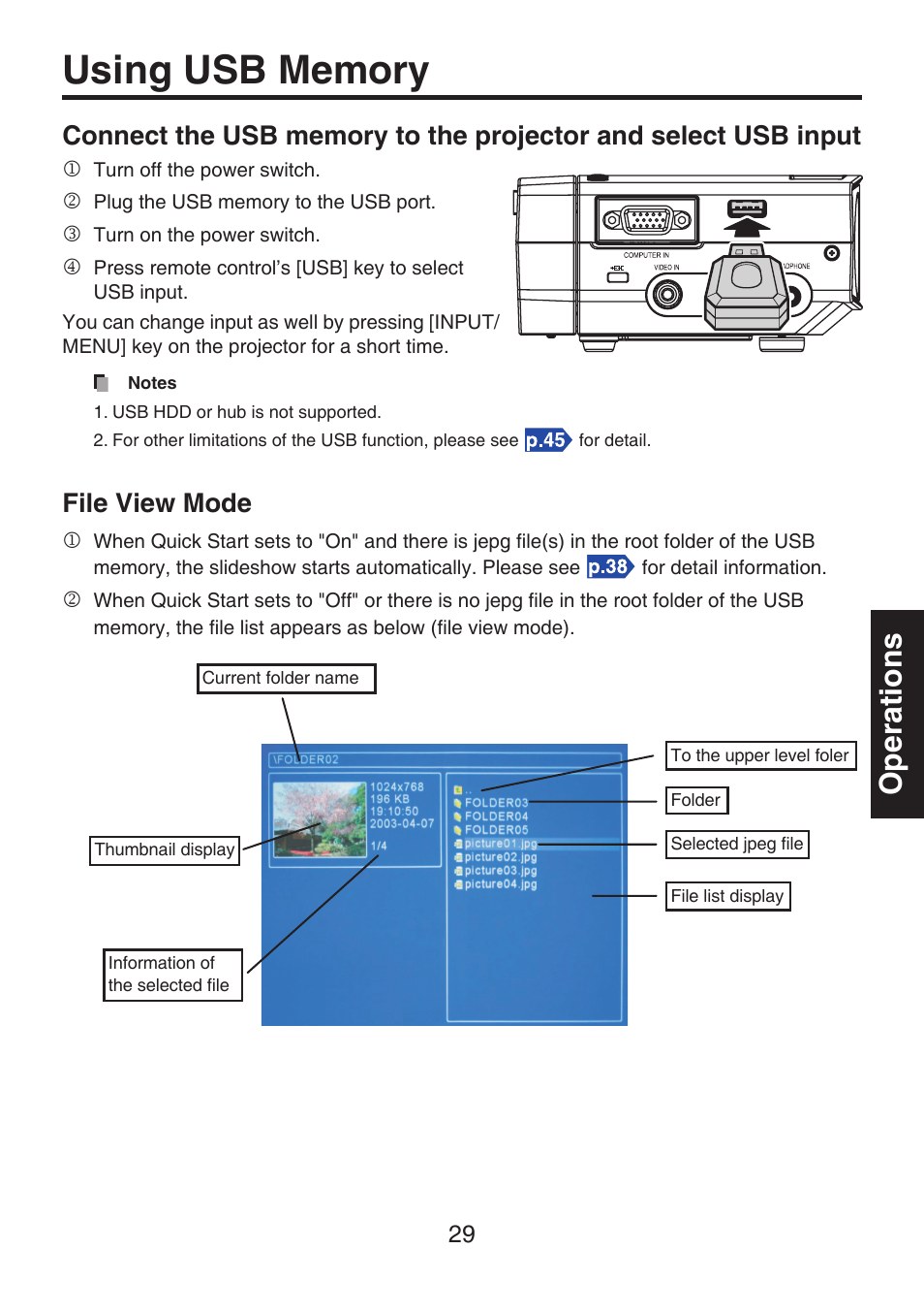 Using usb memory, Operations, File view mode | Toshiba TDP-FF1A User Manual | Page 29 / 48