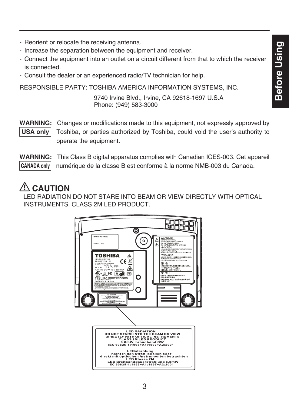 Before using, Caution | Toshiba TDP-FF1A User Manual | Page 3 / 48