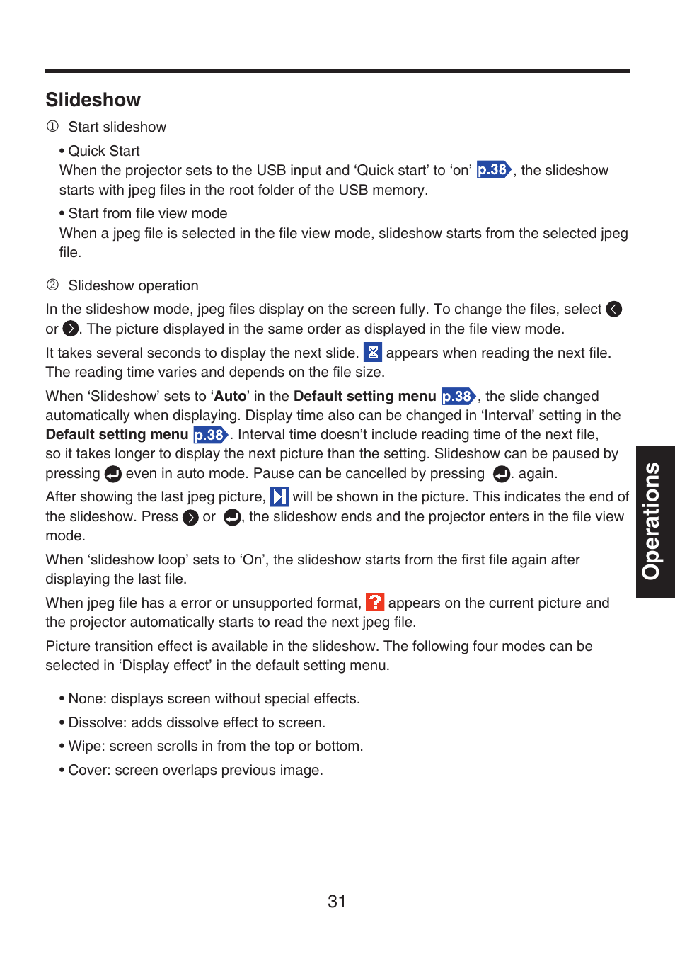 Operations, Slideshow | Toshiba TDP-FF1A User Manual | Page 31 / 48