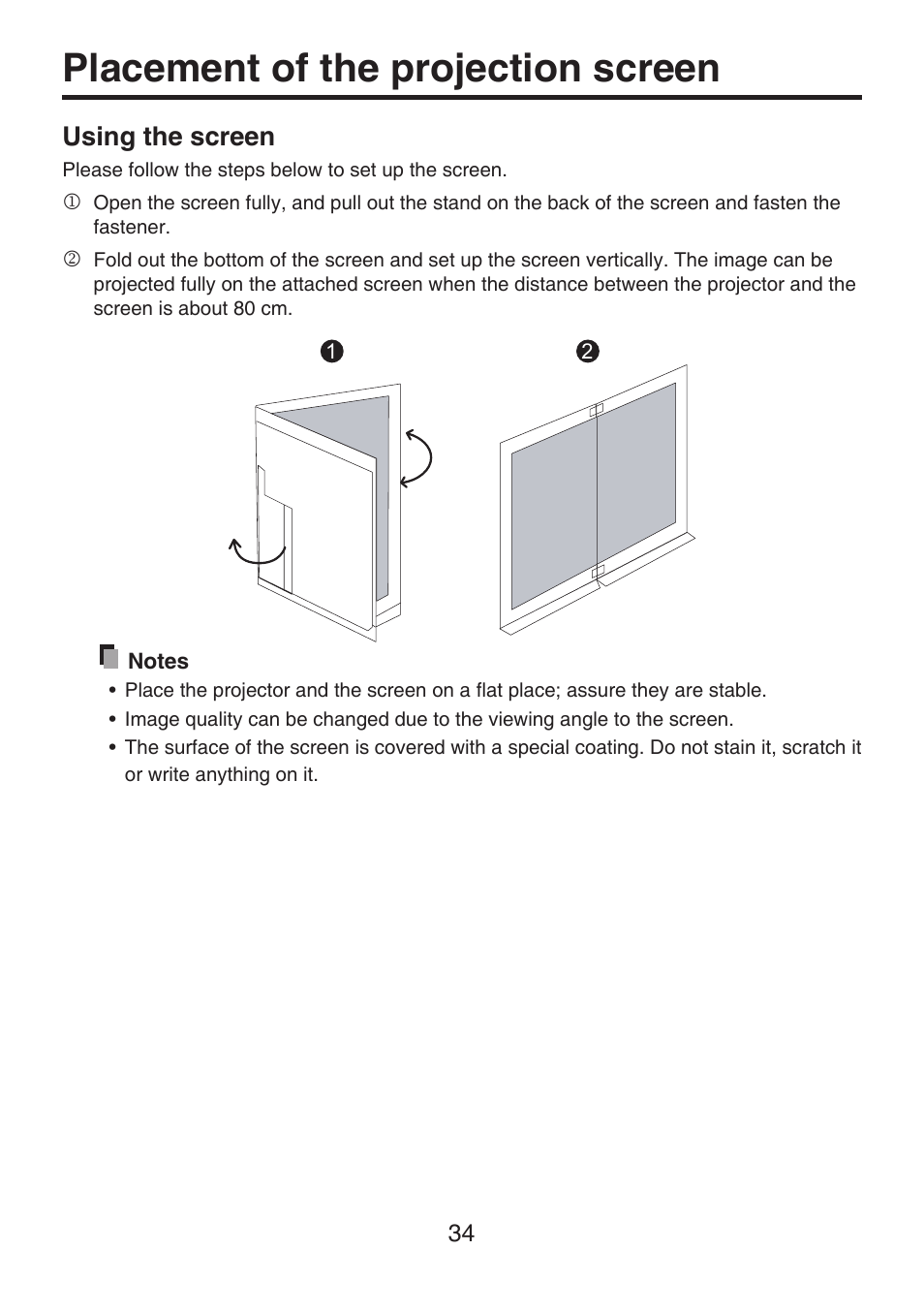 Placement of the projection screen, Using the screen | Toshiba TDP-FF1A User Manual | Page 34 / 48