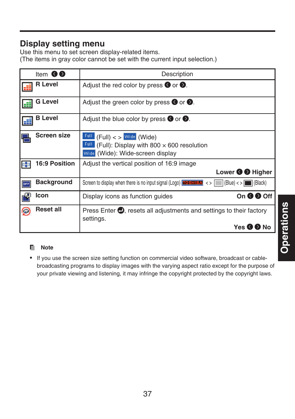 Display setting menu, Operations | Toshiba TDP-FF1A User Manual | Page 37 / 48