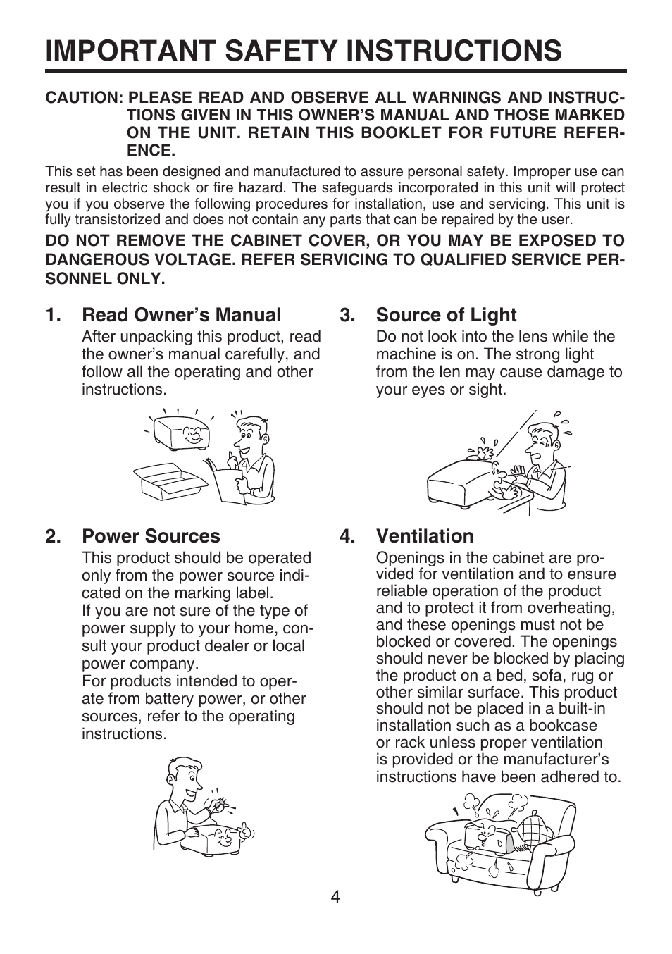 Important safety instructions, Read owner’s manual, Source of light | Power sources, Ventilation | Toshiba TDP-FF1A User Manual | Page 4 / 48