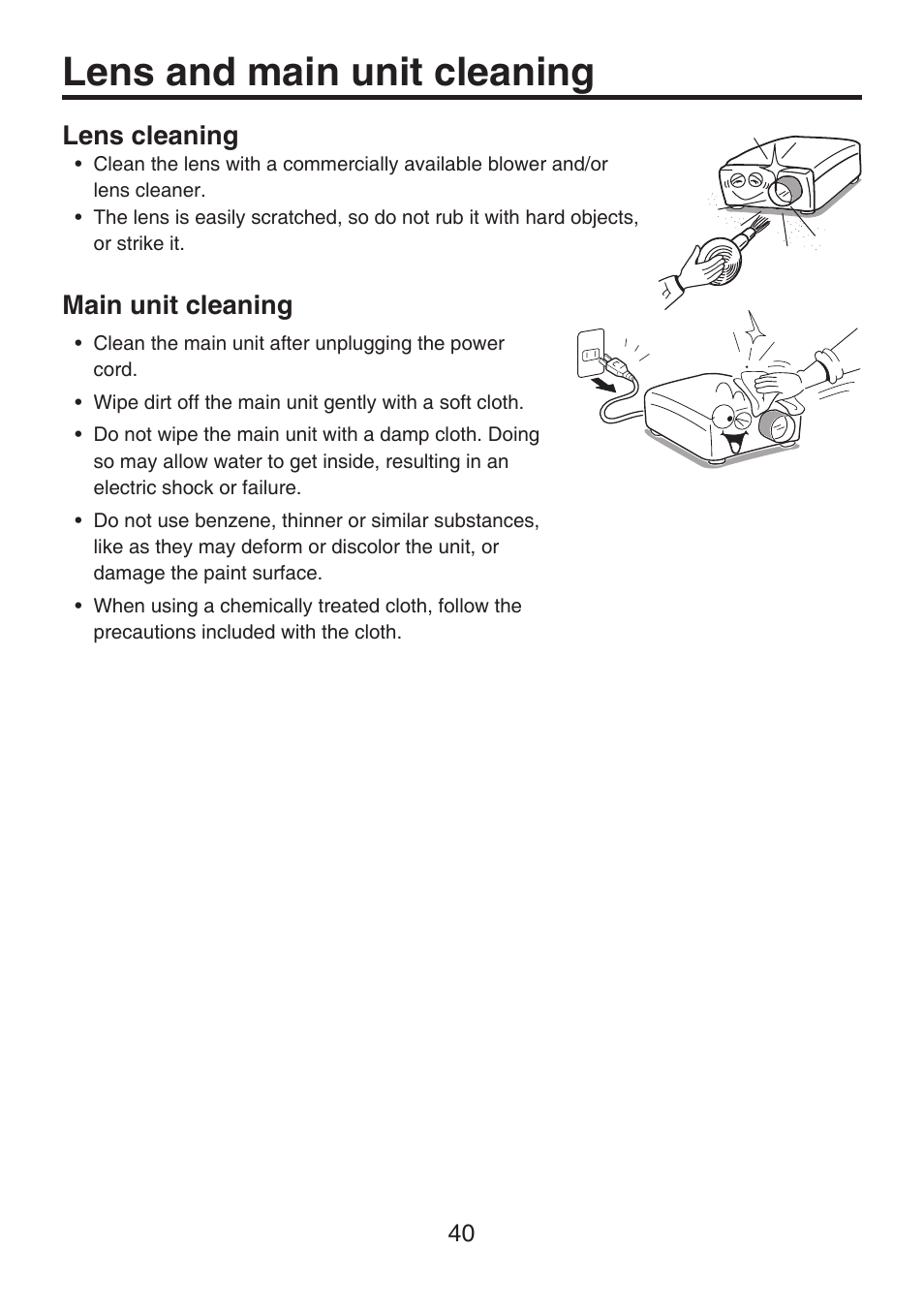 Lens and main unit cleaning, Lens cleaning, Main unit cleaning | Toshiba TDP-FF1A User Manual | Page 40 / 48