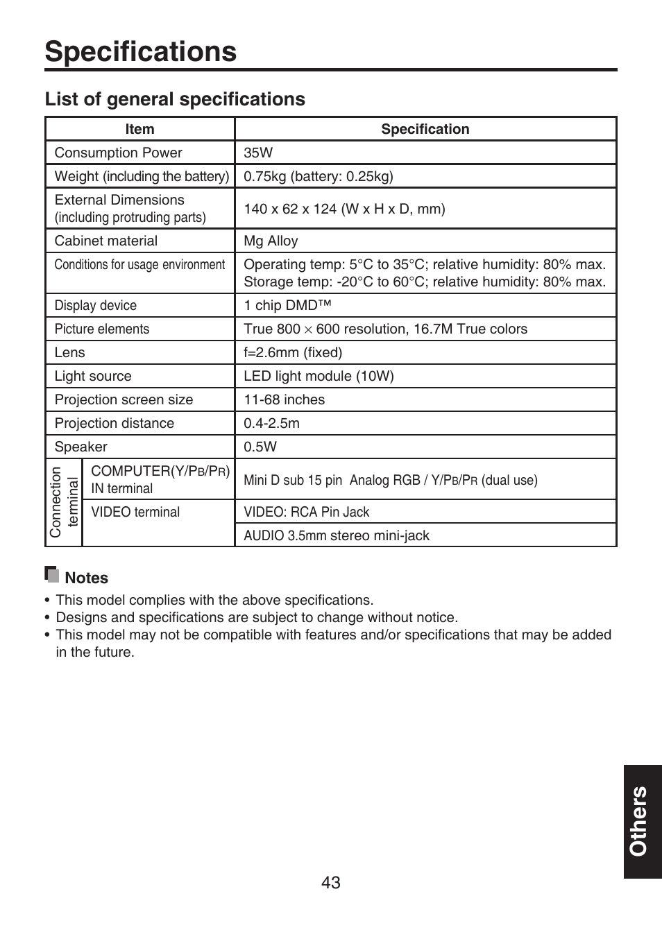 Speciﬁcations, List of general speciﬁcations, Others | Toshiba TDP-FF1A User Manual | Page 43 / 48