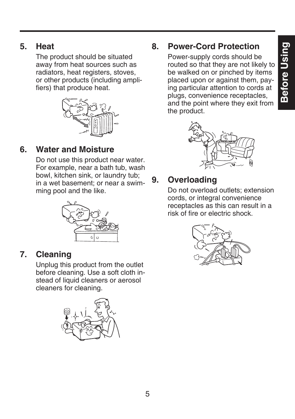 Before using, Heat, Water and moisture | Cleaning, Power-cord protection, Overloading | Toshiba TDP-FF1A User Manual | Page 5 / 48
