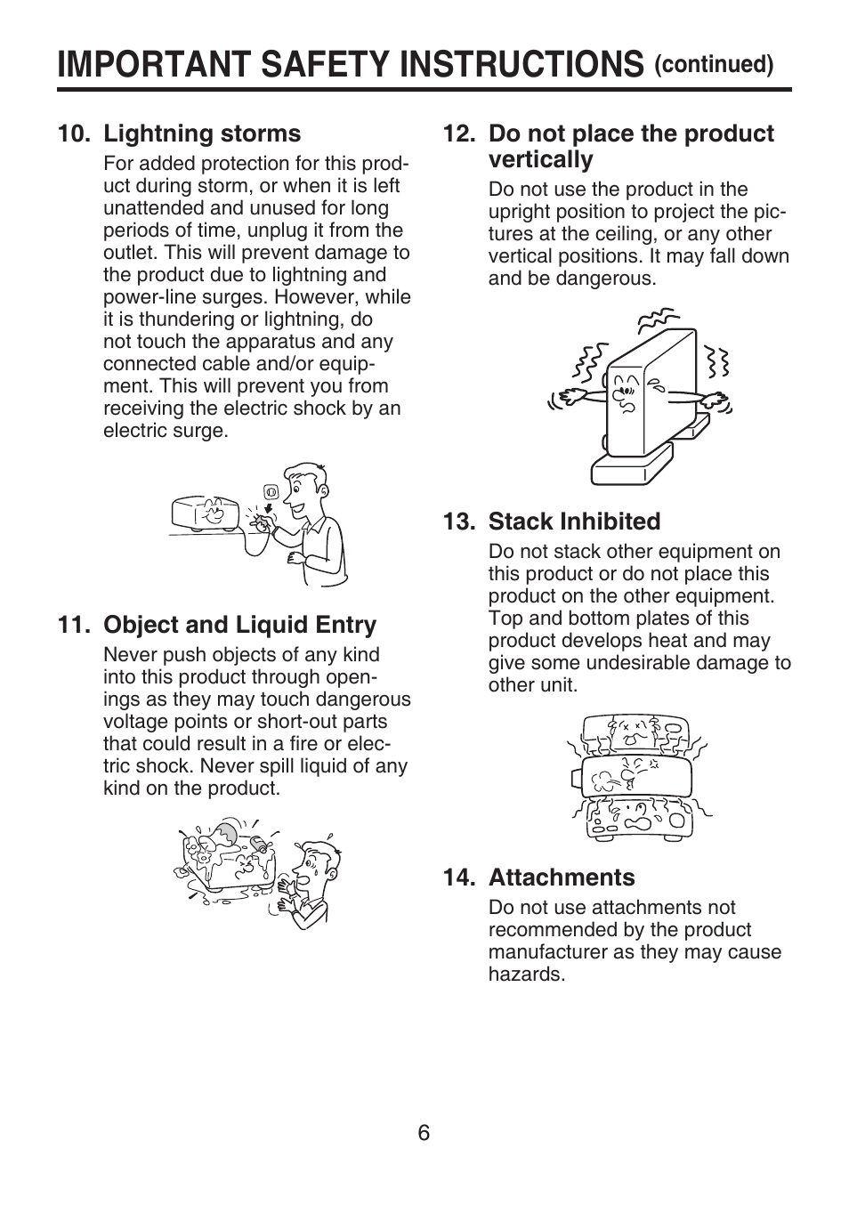 Important safety instructions, Continued) 10. lightning storms, Object and liquid entry | Do not place the product vertically, Stack inhibited, Attachments | Toshiba TDP-FF1A User Manual | Page 6 / 48