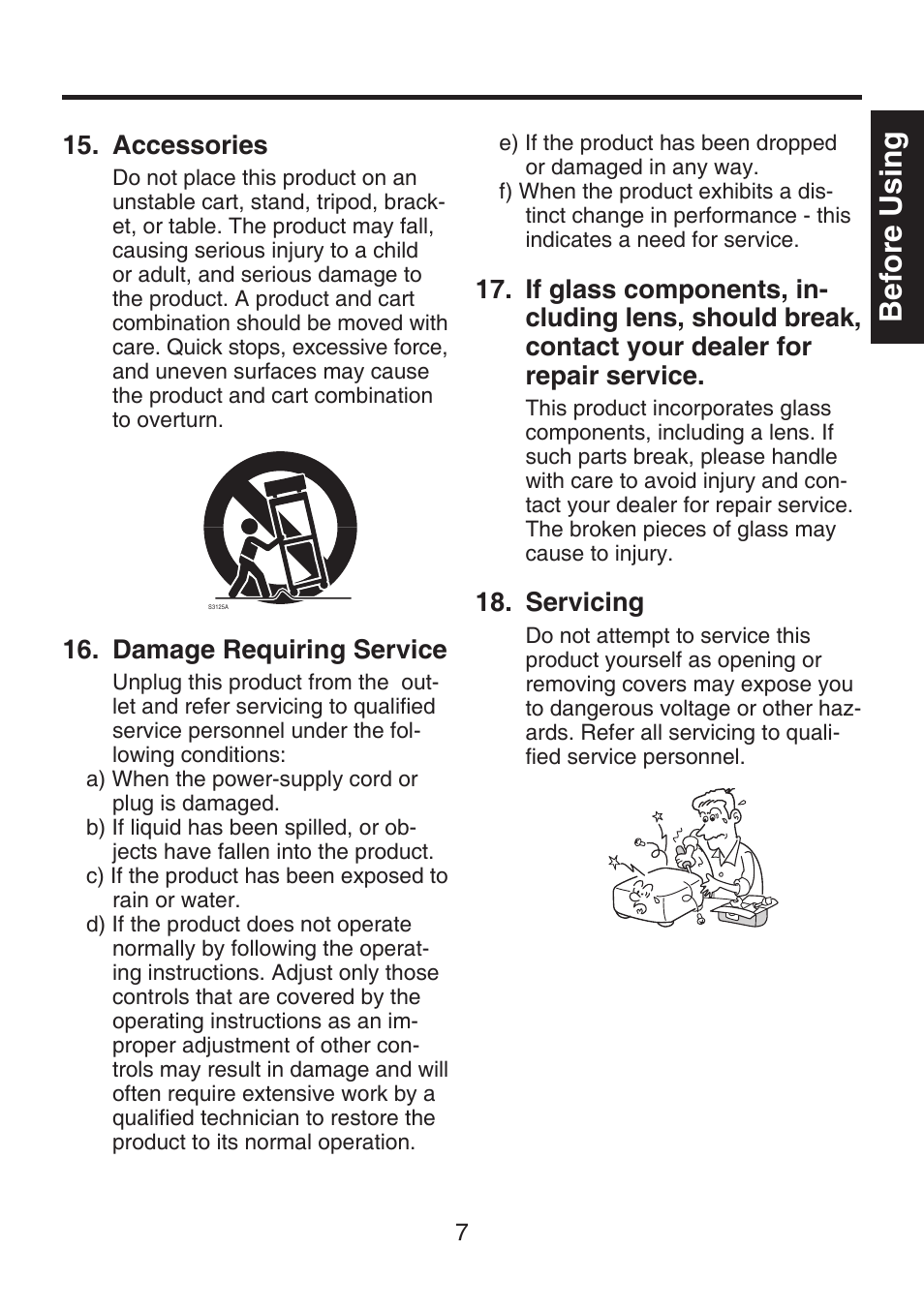 Before using, Accessories, Damage requiring service | Servicing | Toshiba TDP-FF1A User Manual | Page 7 / 48