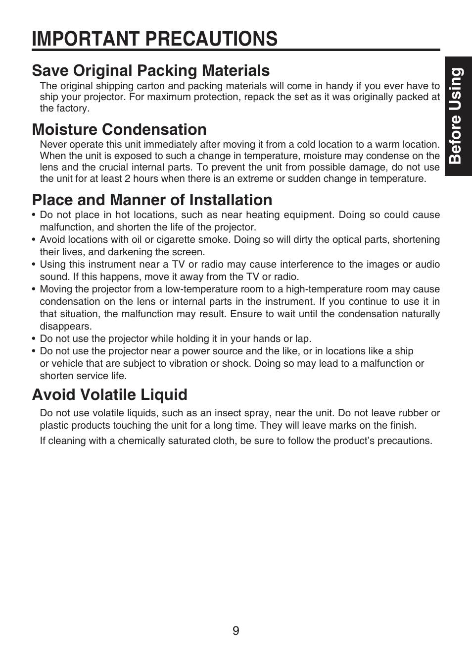 Important precautions, Before using save original packing materials, Moisture condensation | Place and manner of installation, Avoid volatile liquid | Toshiba TDP-FF1A User Manual | Page 9 / 48