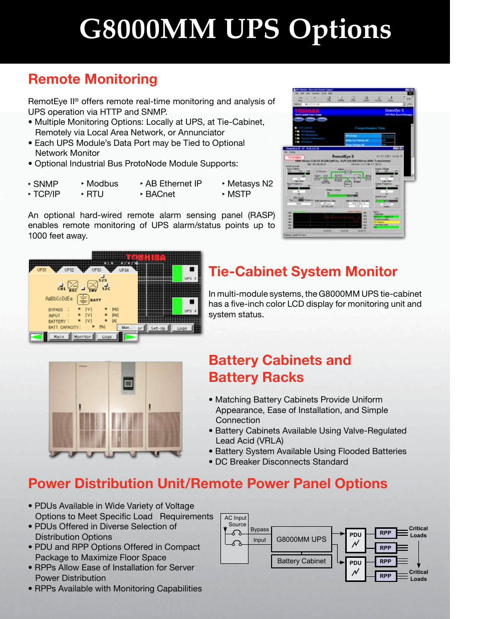 G8000mm ups options, Remote monitoring, Tie-cabinet system monitor | Battery cabinets and battery racks, Power distribution unit/remote power panel options | Toshiba G8000MM User Manual | Page 4 / 6