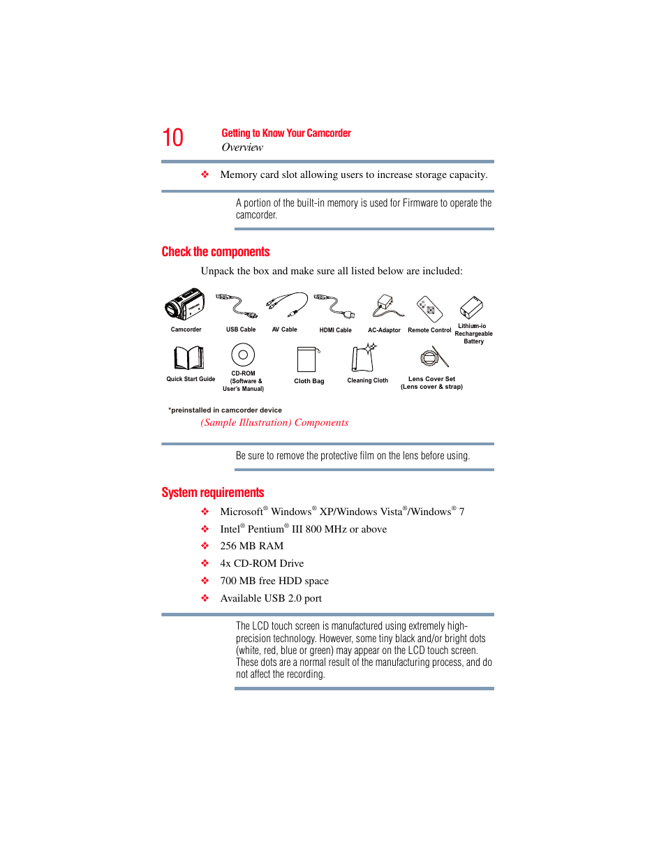 Check the components, System requirements, Check the components system requirements | Overview | Toshiba Camileo X100 User Manual | Page 10 / 143