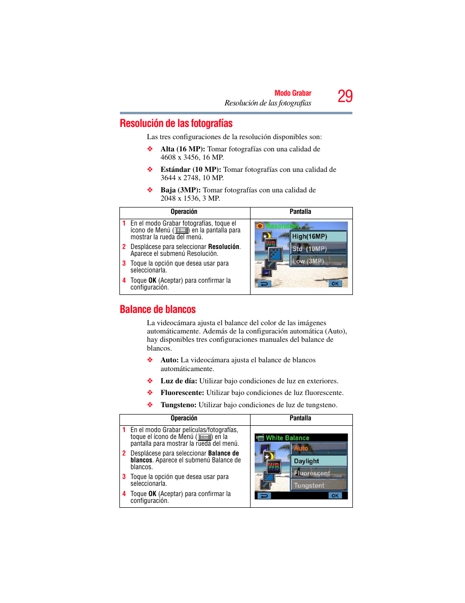 Resolución de las fotografías, Balance de blancos, Resolución de las fotografías balance de blancos | Toshiba Camileo X100 User Manual | Page 100 / 143