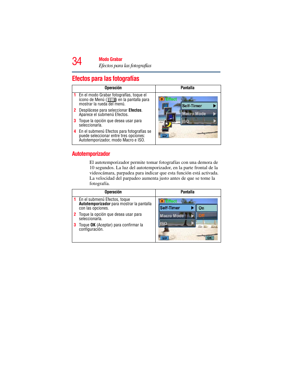 Efectos para las fotografías, Autotemporizador | Toshiba Camileo X100 User Manual | Page 105 / 143