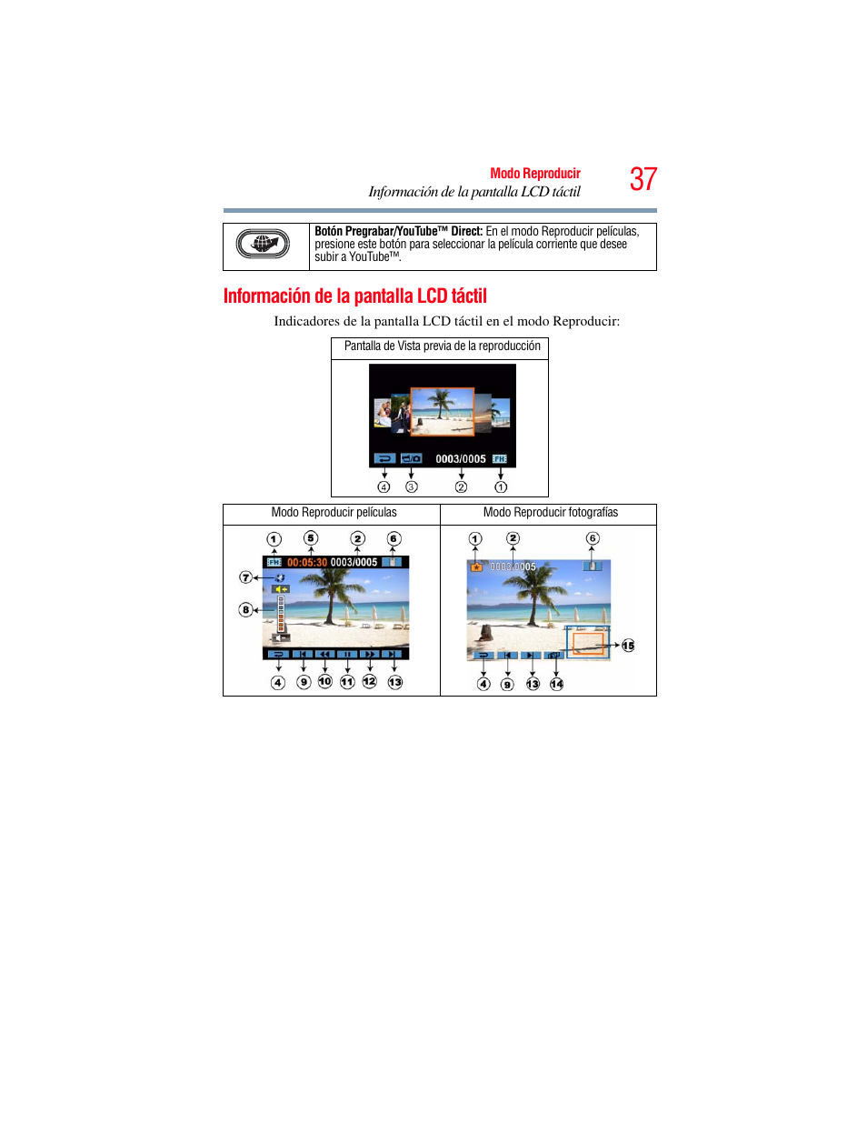 Información de la pantalla lcd táctil | Toshiba Camileo X100 User Manual | Page 108 / 143