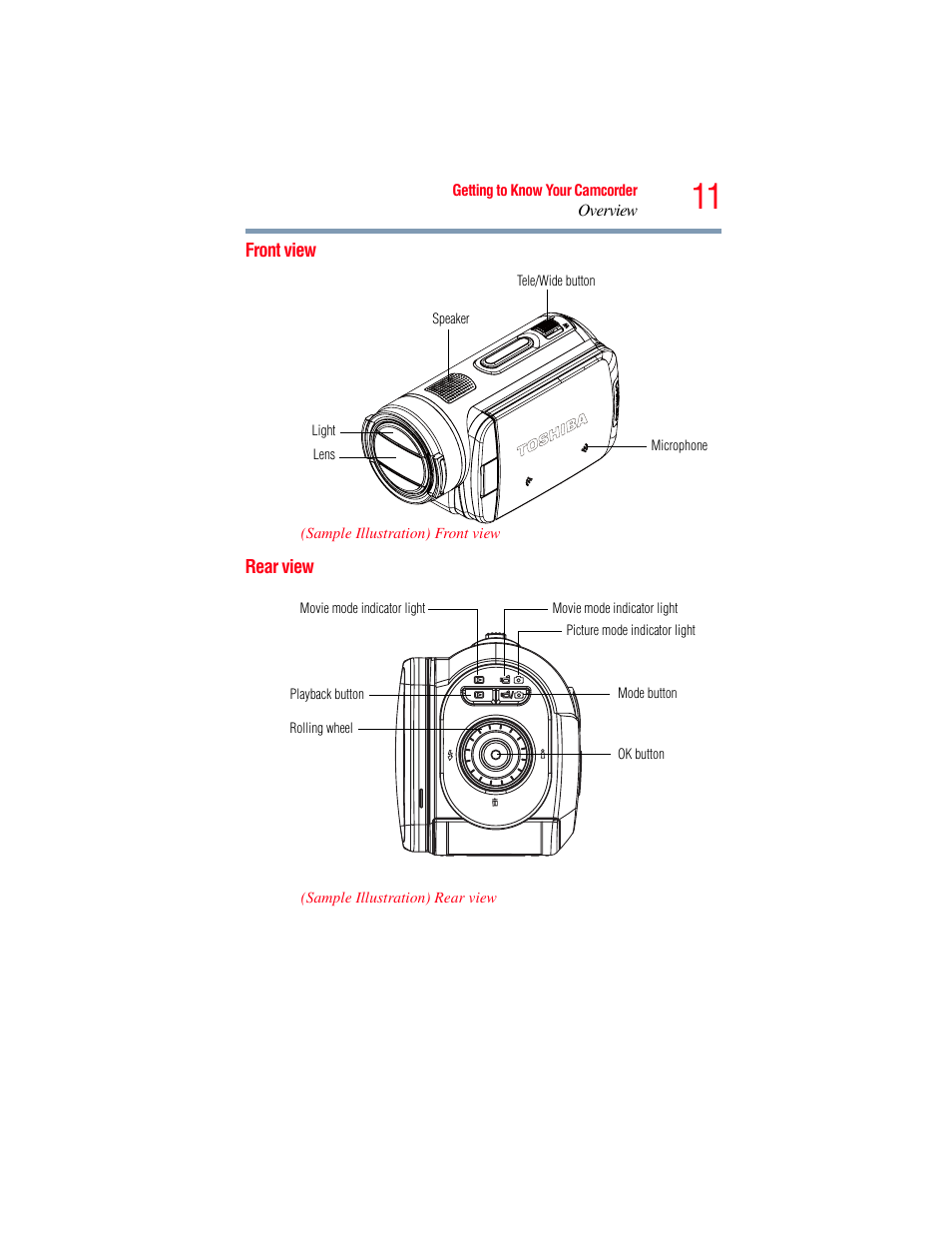 Front view, Rear view, Front view rear view | Toshiba Camileo X100 User Manual | Page 11 / 143