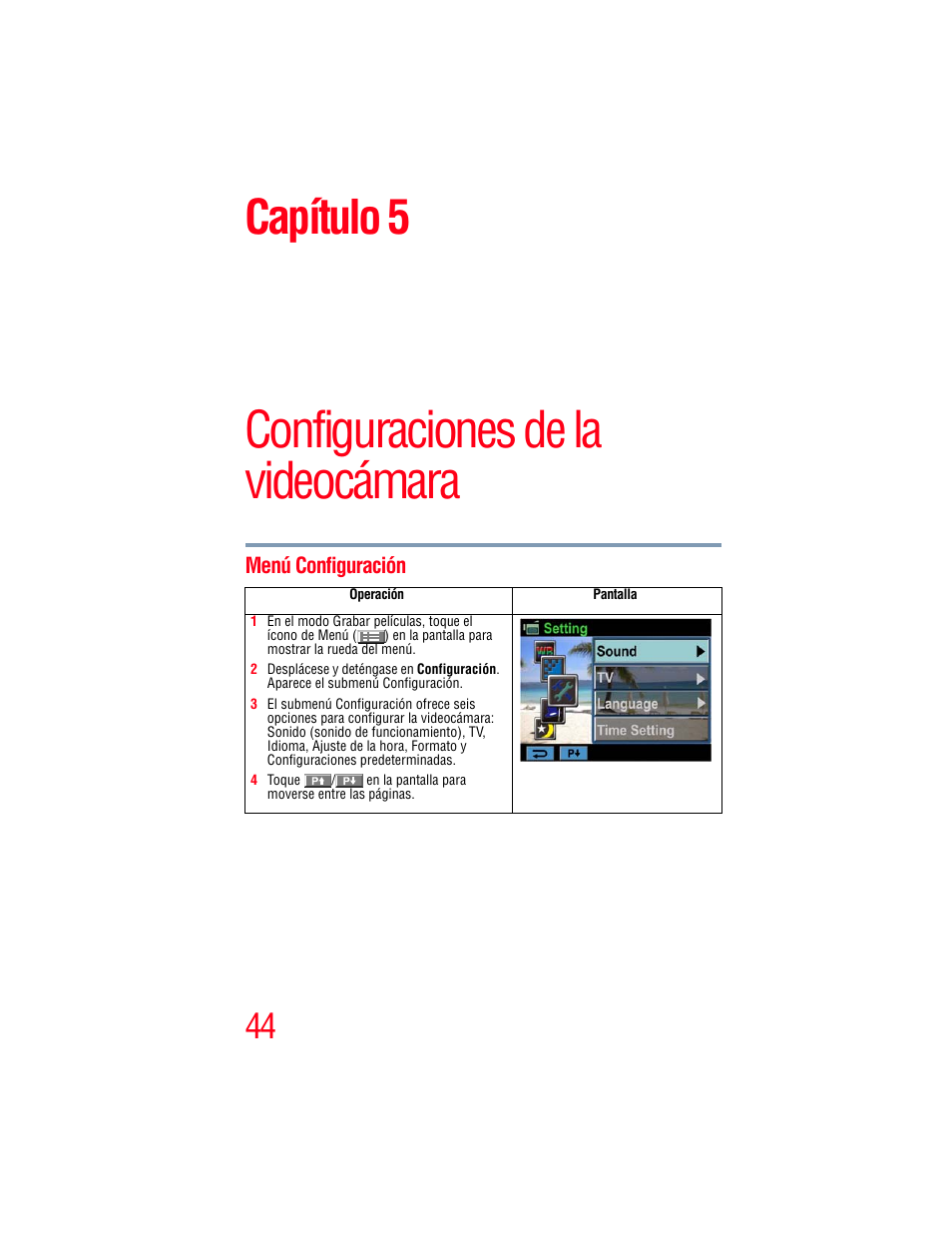 Capítulo 5: configuraciones de la videocámara, Menú configuración, Configuraciones de la videocámara | Capítulo 5 | Toshiba Camileo X100 User Manual | Page 115 / 143